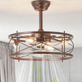20' Farmhouse Fandelier Ceiling Fan with Light, Caged Bladeless Ceiling Fans with Lights and Remote, Rustic Small Enclosed with 6 Speeds for Bedroom, Kitchen, Living Room, Brown