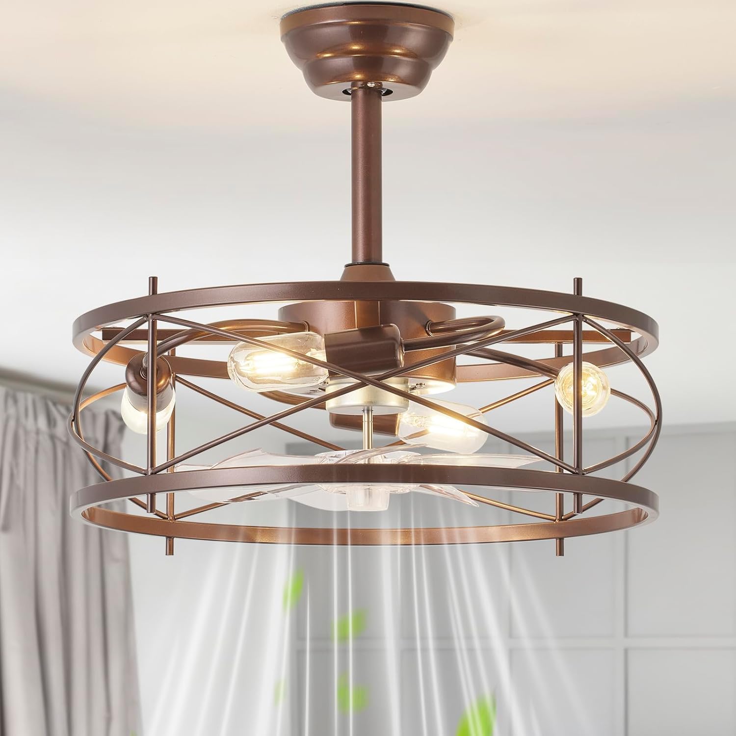20' Farmhouse Fandelier Ceiling Fan with Light, Caged Bladeless Ceiling Fans with Lights and Remote, Rustic Small Enclosed with 6 Speeds for Bedroom, Kitchen, Living Room, Brown