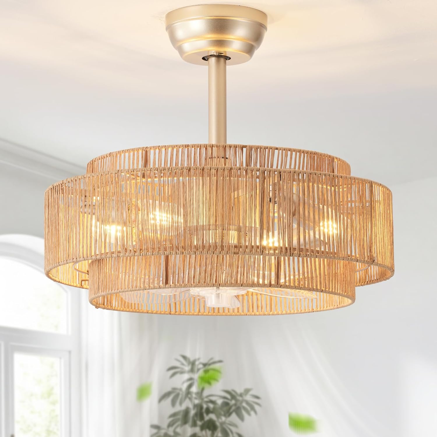 20'' Gold Boho Fandelier Ceiling Fan with Light, Rattan Chandelier with Light Remote Control, Caged with 6 Speeds for Bedroom, Nursery, Living Room