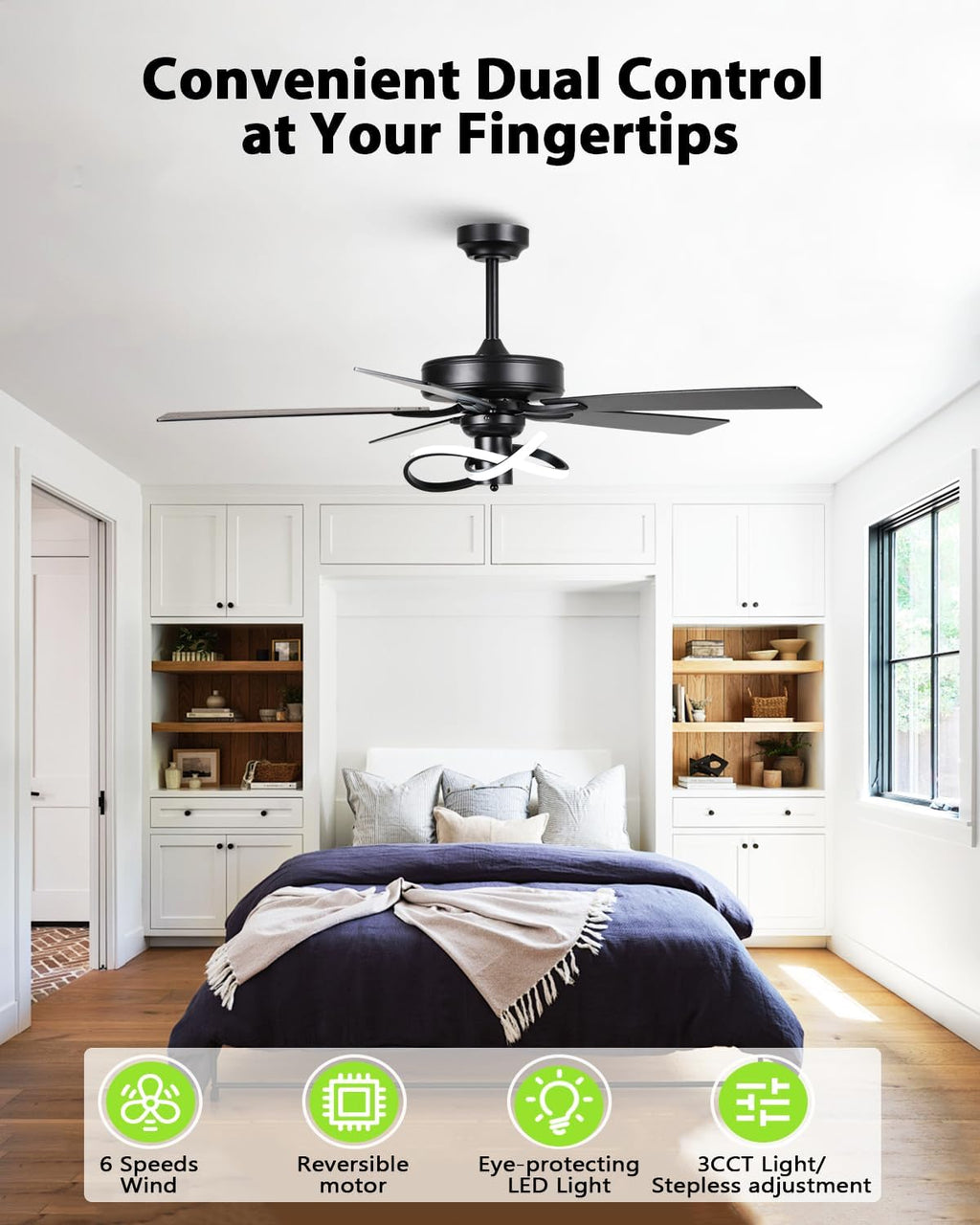 52 Inch Ceiling Fans with Lights and Remote - Creative Black Modern Ceiling Fan, 3CCT, 6 Speeds, Quiet, Dual-Sided Reversible 5 Blades Indoor Outdoor Chandelier Fan for Bedroom Living Room