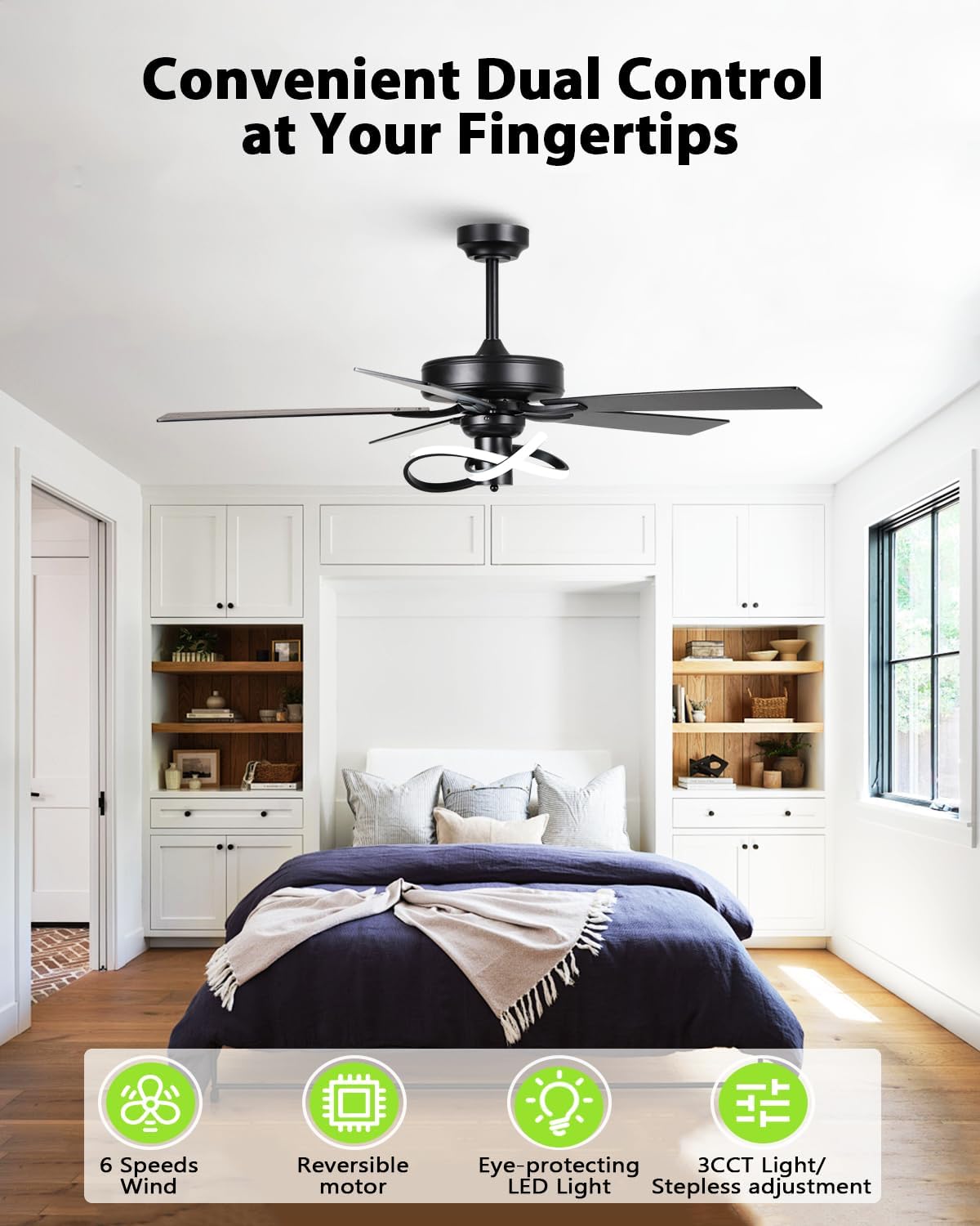 52 Inch Ceiling Fans with Lights and Remote - Creative Black Modern Ceiling Fan, 3CCT, 6 Speeds, Quiet, Dual-Sided Reversible 5 Blades Indoor Outdoor Chandelier Fan for Bedroom Living Room