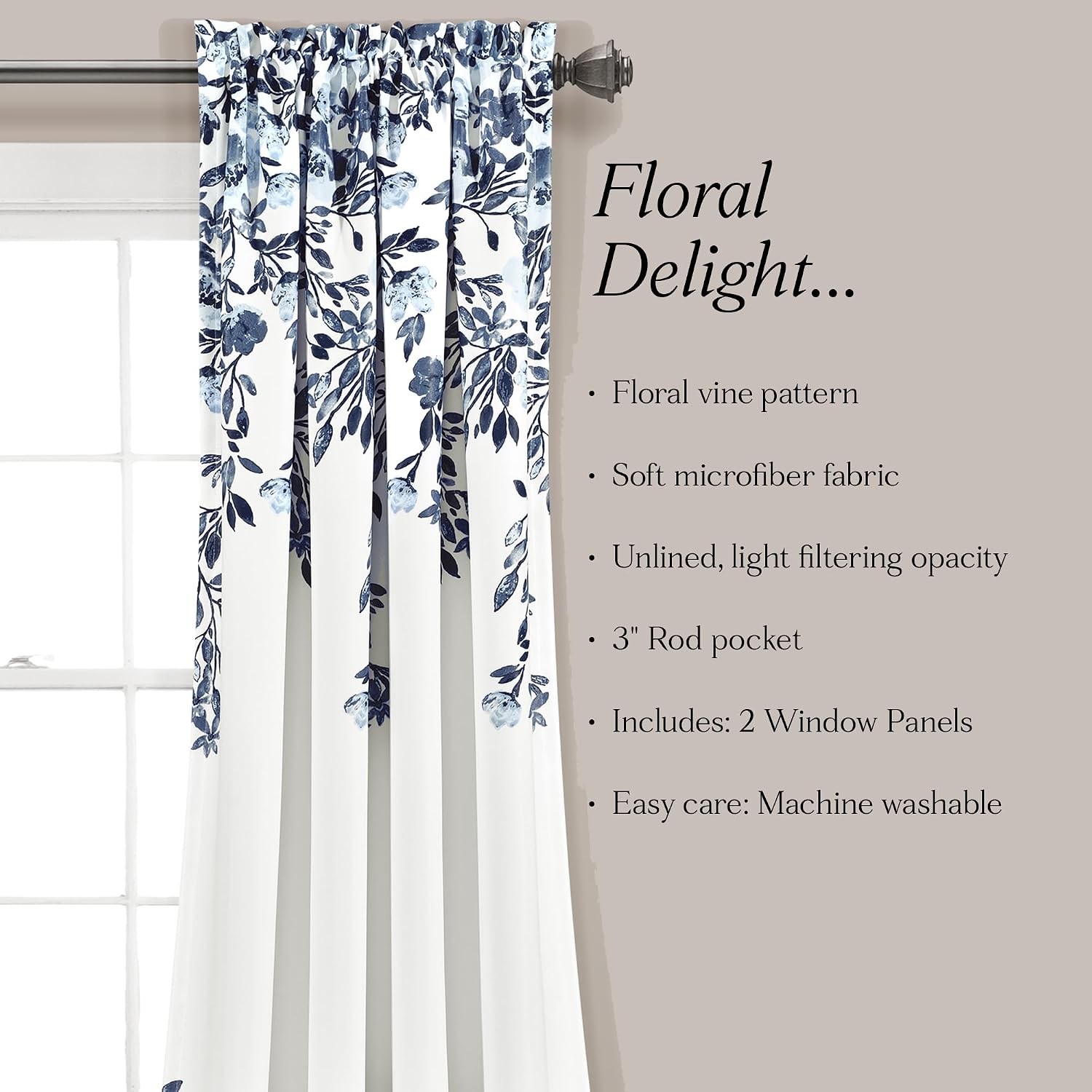 Lush Decor Tanisha Curtains - Light Filtering Window Panel Set, Pair - Floral Vine Print, Beautiful, Modern, Elegant Home Decor - 52' W x 84' L, Navy & White (Pack of 4)