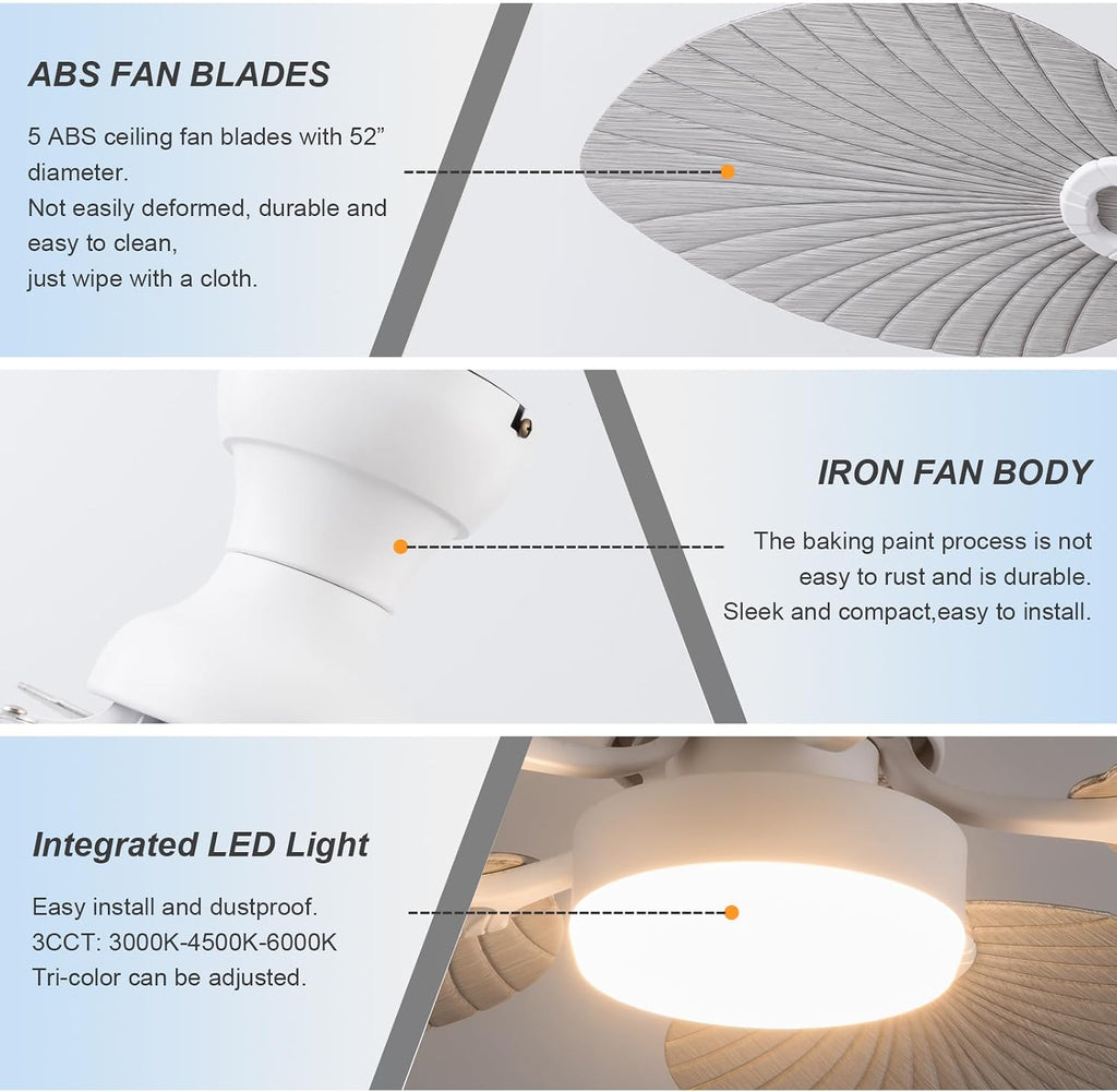 52inch Palm Leaf Ceiling Fans with Light Outdoor Tropical Ceiling Fans with Remote Timer Hand Carved 5 Blades DC Reversible Noiseless motor 6 Speeds Low Profile for Patios Living room Bedroom