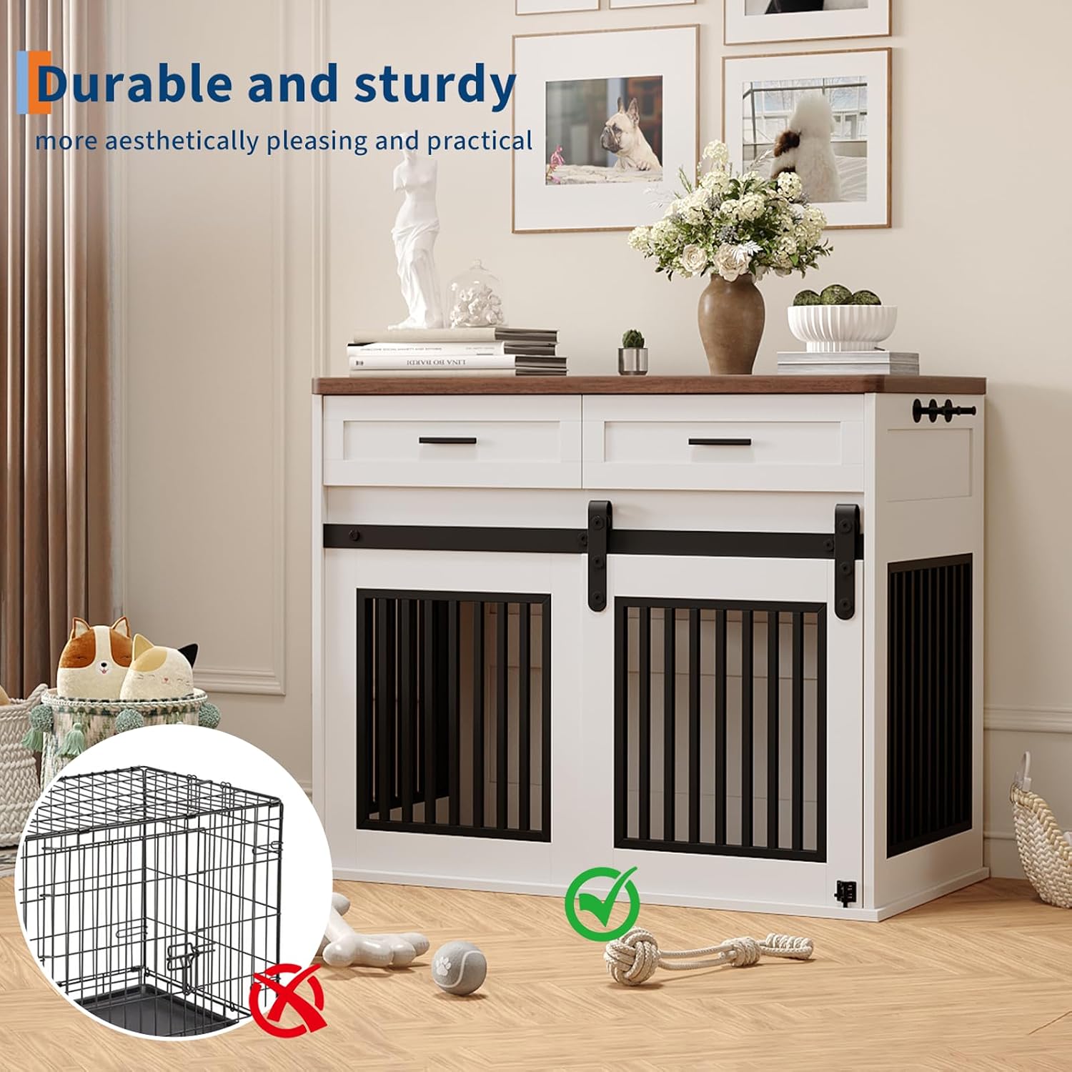 44.5'' Dog Crate Furniture with Hook and Storage Drawer, Wooden Dog Kennel with Sliding Barn Door Indoor Furniture Style Dog Crates End Table for Medium/Small Dogs (White)
