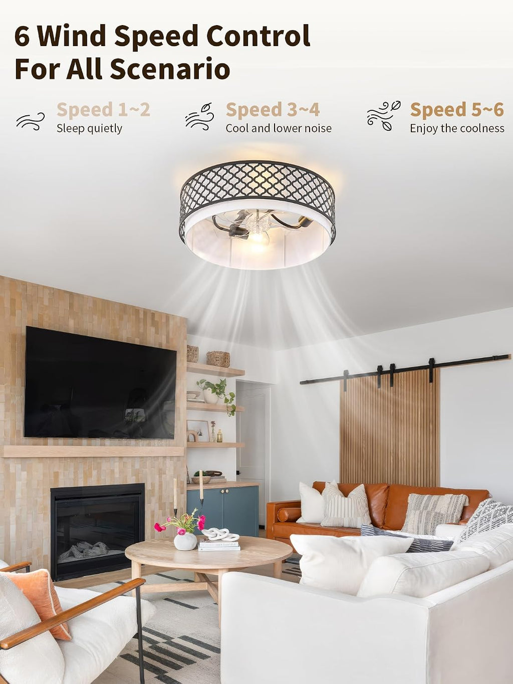 20' Farmhouse Rustic Flush Mount Ceiling Fan with Light, Black Ceiling Fans with Lights Low Profile, Enclosed with Remote Control 6 Speeds for Living Room, Bedroom, Nursery