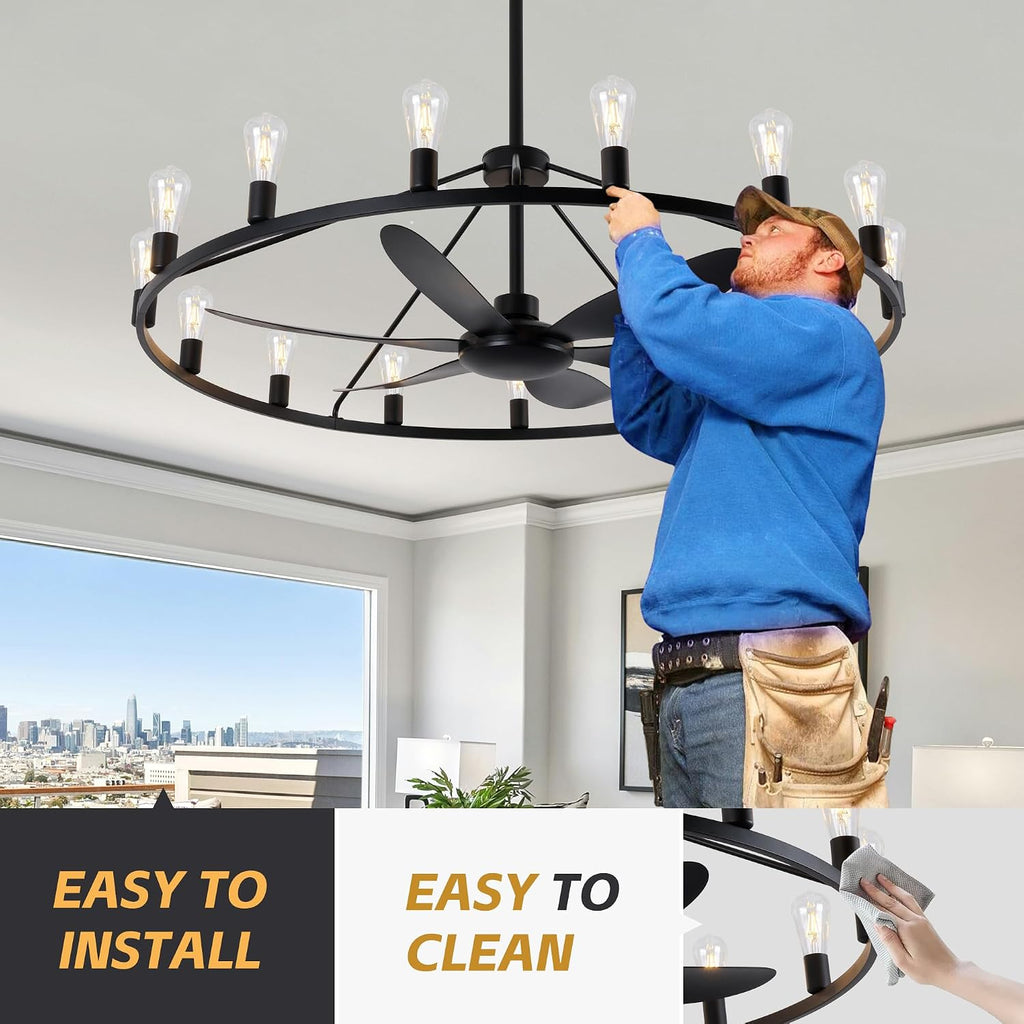 Miuyhji Rustic Ceiling Fan with Lights Wagon Wheel Style,Dining Room Light Fixture with Fan,15 Light Chandelier Fans,50 in Matte Black Farmhouse Fandelier for Large Space 100-300 Sqare Feet
