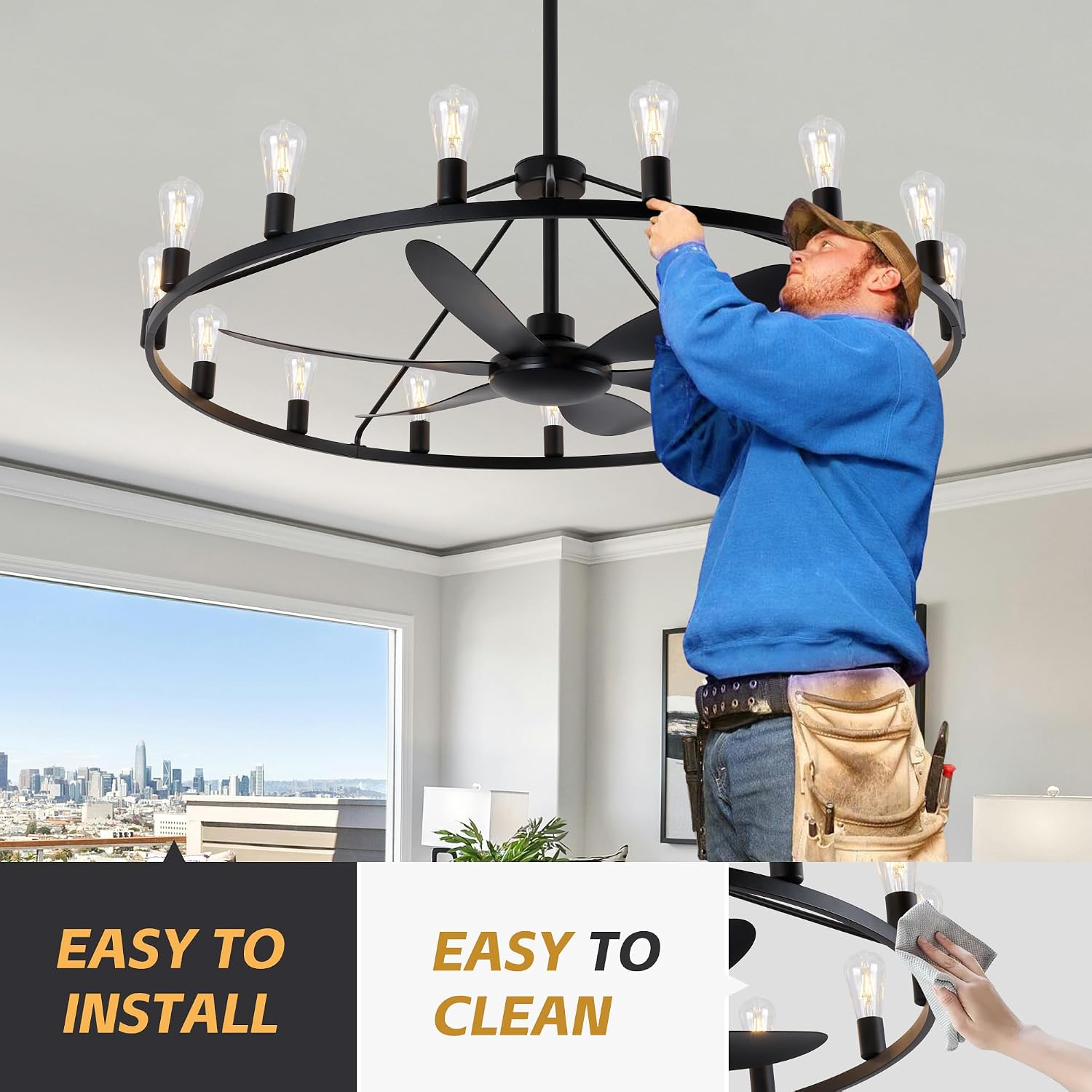 Miuyhji Rustic Ceiling Fan with Lights Wagon Wheel Style,Dining Room Light Fixture with Fan,15 Light Chandelier Fans,50 in Matte Black Farmhouse Fandelier for Large Space 100-300 Sqare Feet