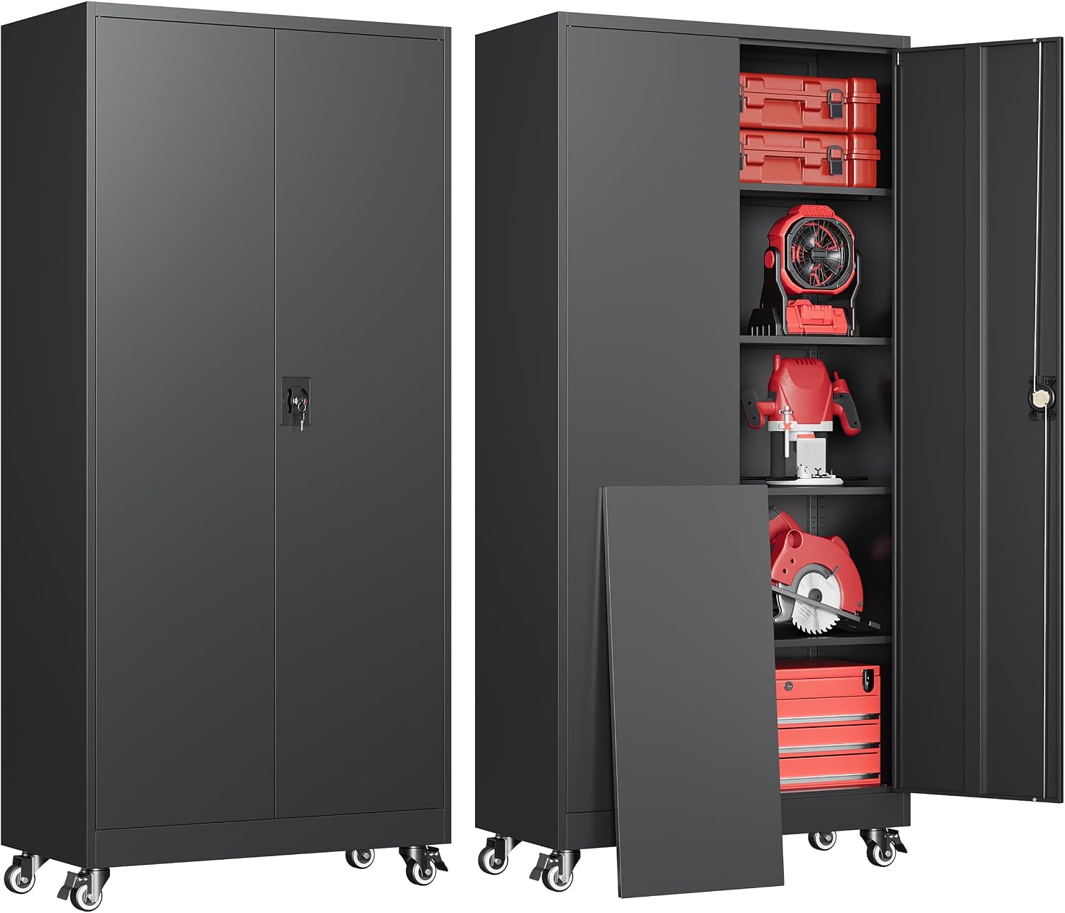 Metal Garage Storage Cabinets with Wheels, Rolling Tool Cabinet with Lock, Locking Garage Caninet on Wheels with Shelves, Steel 2 Door Tall Tool Cabnets for Workshop/Home/Office - (Black 75'H)