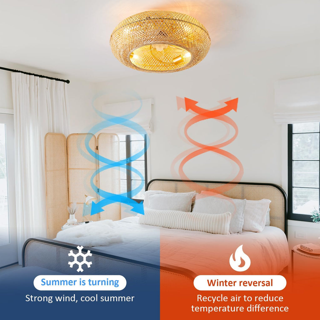 ainqiant 20' Boho Ceiling Fans with Lights,Rattan Caged Flush Mount Ceiling Fan with Light, Enclosed Timing 6 Speeds Reversible for Living Room Bedroom Dining Room