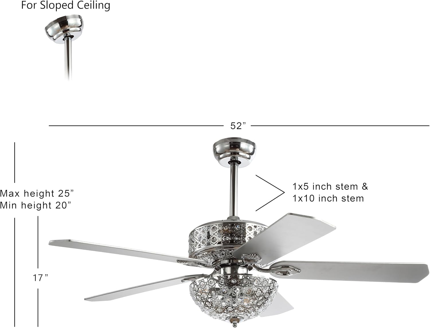 JONATHAN Y 52' Chrome 6-Light Iron and Wood Ceiling Fan, Modern Glam Filigree Dome, 5 Reversible Silver/White Blades, Remote Control, ETL Listed, LED Bulbs Included JYL9602A