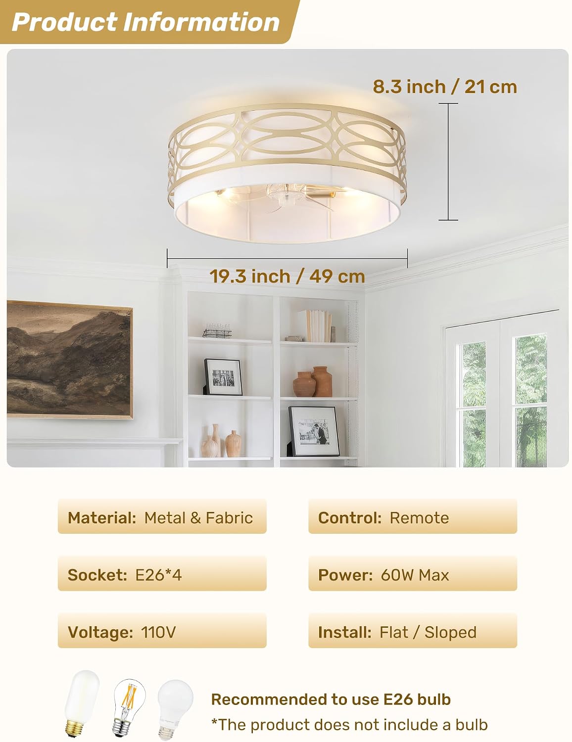 20' Gold Flush Mount Ceiling Fan with Light, Caged Boho Ceiling Fan with Lights Remote Control with 6 Speeds for Bedroom, Living Room, Nursery