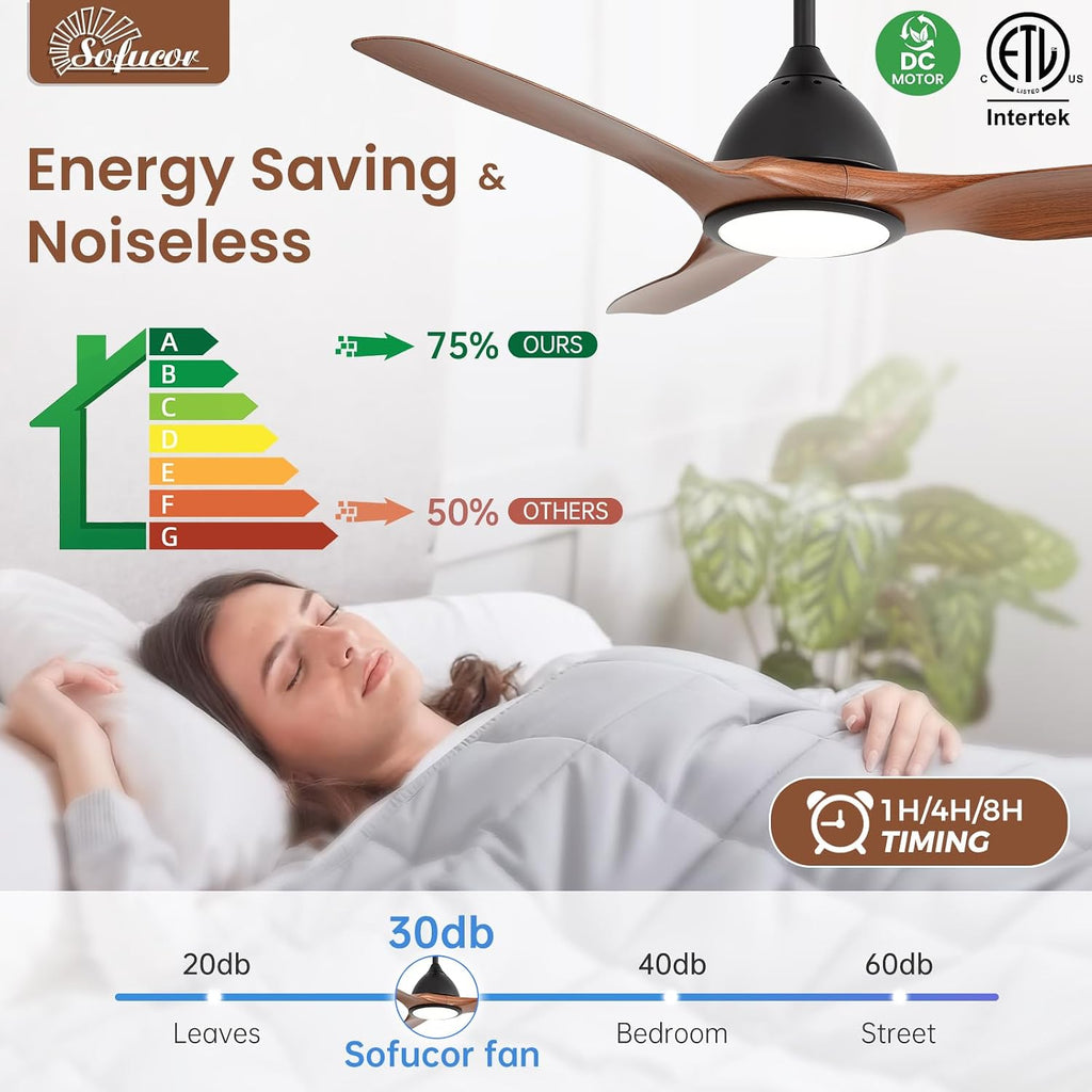 Sofucor 52 Inch Outdoor Ceiling Fans with Lights, Modern Ceiling Fan with 3 Plastic Blade, Quiet, Dimmable, High 7000CFM 6-Speed 3-Timer Reversible DC Motor, for Bedroom Living Room, ETL, Brown