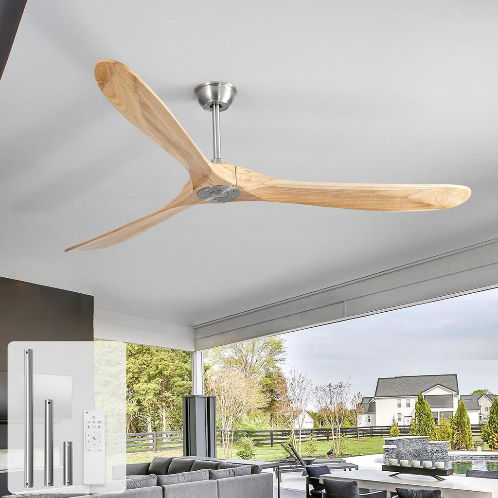 Ceiling Fan No Light, 72 Inch Natural Solid Wood Blades, 6 Speeds, Timer Function, Quiet Motor, Indoor Large Ceiling Fan for Living Room, Patio, Bedroom, Farmhouse Style