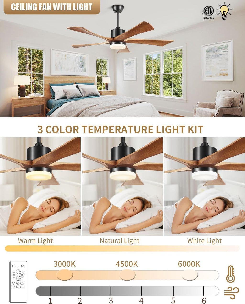 Ceiling Fan with Lights and Remote APP Control, 52' Smart Indoor/Outdoor Ceiling Fan for Patios, USA Original Patent, Dimmable, 5 Blades, 6 Speeds Reversible Fans, 52' Black and Dark Walnut