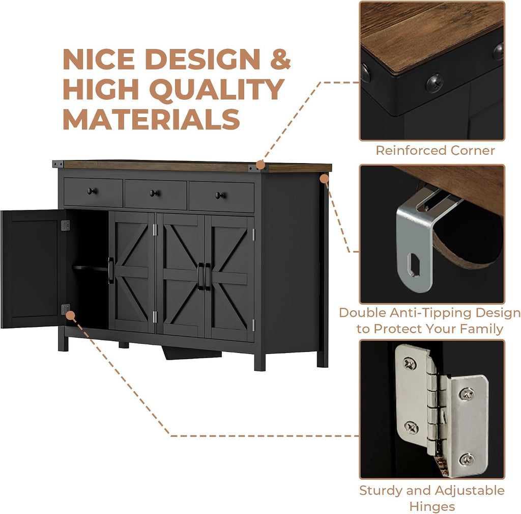 VVFLU 63' Sideboard Buffet Cabinet with Storage, Coffee Bar with 3 Drawers and 4 Barn Doors, Long Wider Storage Cabinet Modern Farmhouse, for Kitchen, Dining Room, Living Room, Black Wood