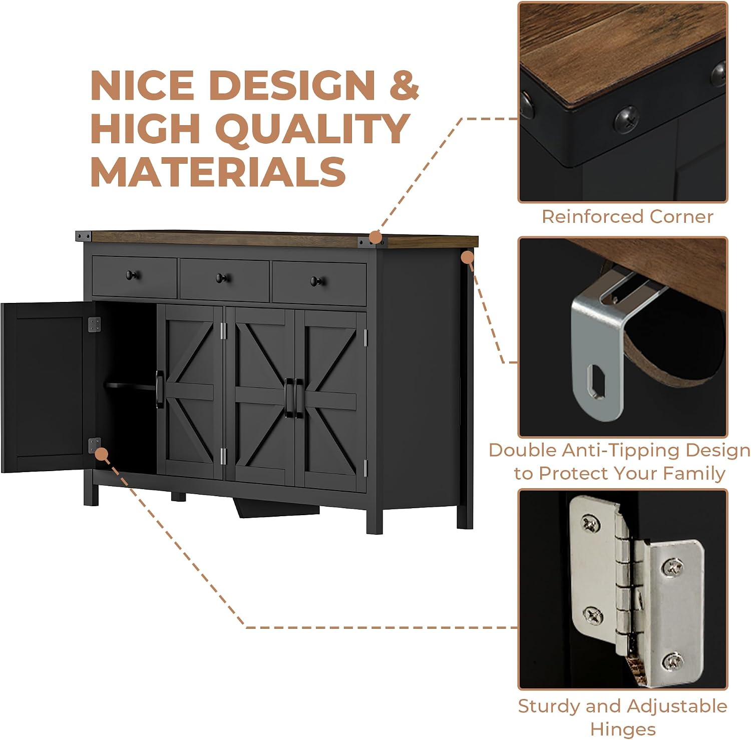 VVFLU 63' Sideboard Buffet Cabinet with Storage, Coffee Bar with 3 Drawers and 4 Barn Doors, Long Wider Storage Cabinet Modern Farmhouse, for Kitchen, Dining Room, Living Room, Black Wood