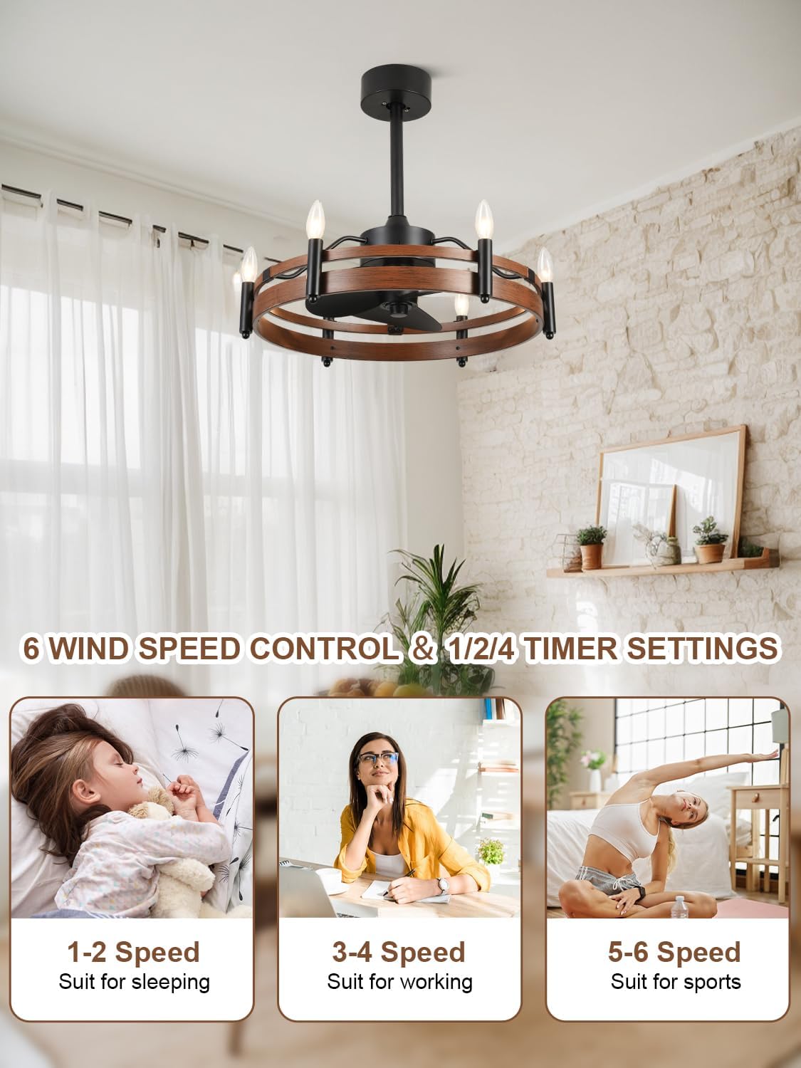 Bella Depot 24' Farmhouse Ceiling Fan with Light – Wagon Wheel Fandelier, 6-Light Industrial Rustic Chandelier Fan, Remote Control, for Bedroom Kitchen Dining Room (Bulbs Not Included)