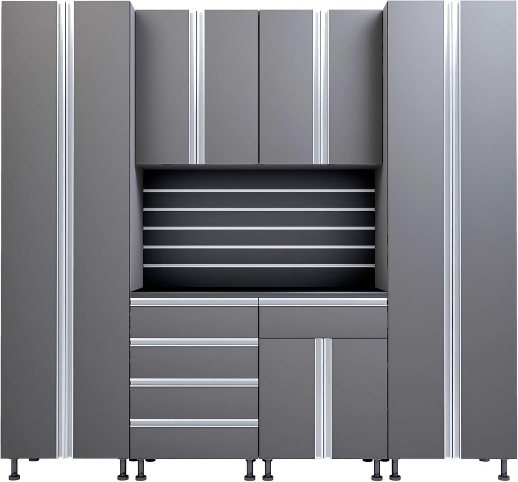 Premium Garage Cabinets 7' Storage Sets Solution with Adjustable Legs, Soft-Close Drawer & Door, Integrated Handles, Heavy Duty Plywood Box Construction, Tool and Equipment Organizer (Combo 7CS-012B)
