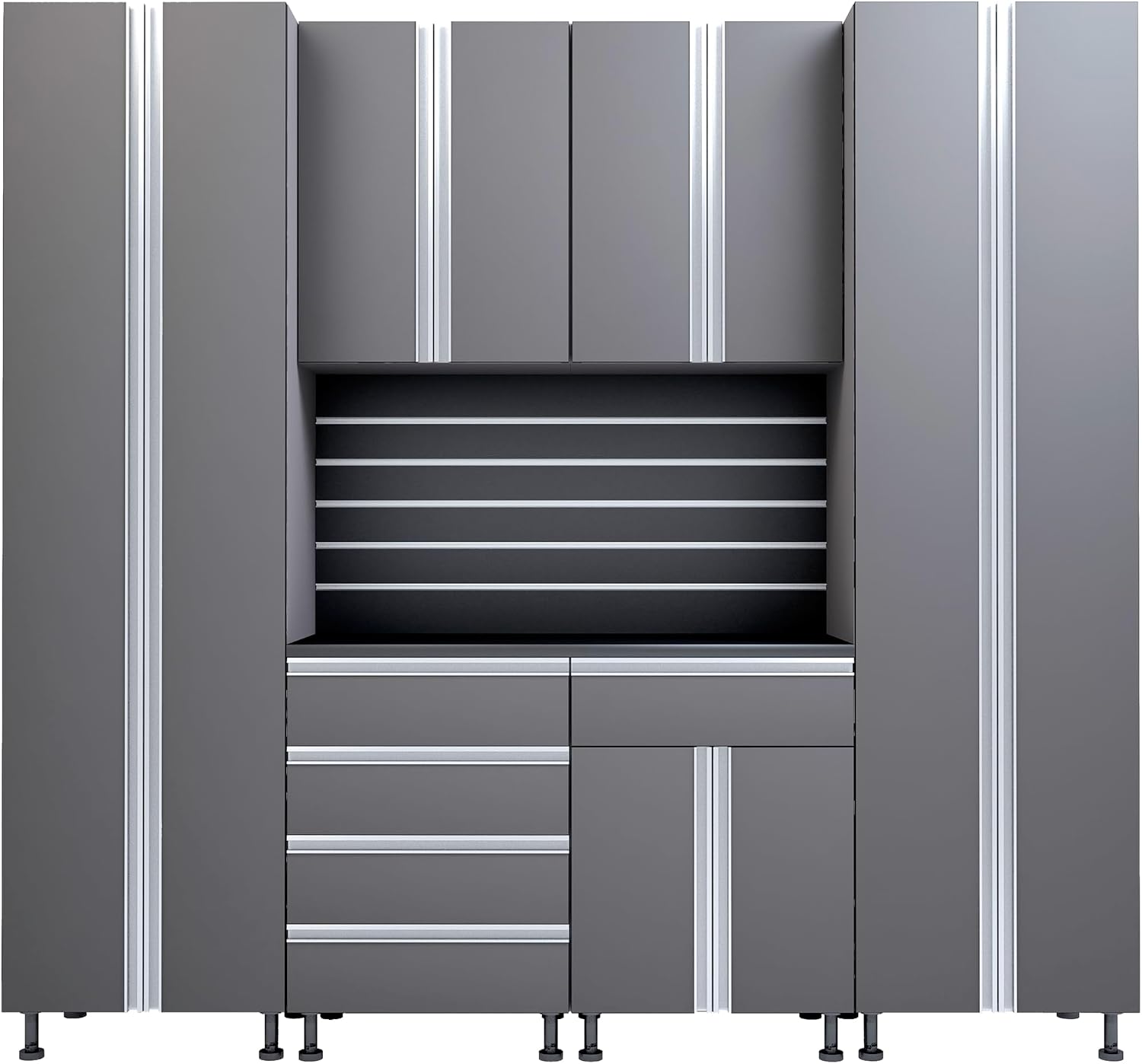 Premium Garage Cabinets 7' Storage Sets Solution with Adjustable Legs, Soft-Close Drawer & Door, Integrated Handles, Heavy Duty Plywood Box Construction, Tool and Equipment Organizer (Combo 7CS-012B)