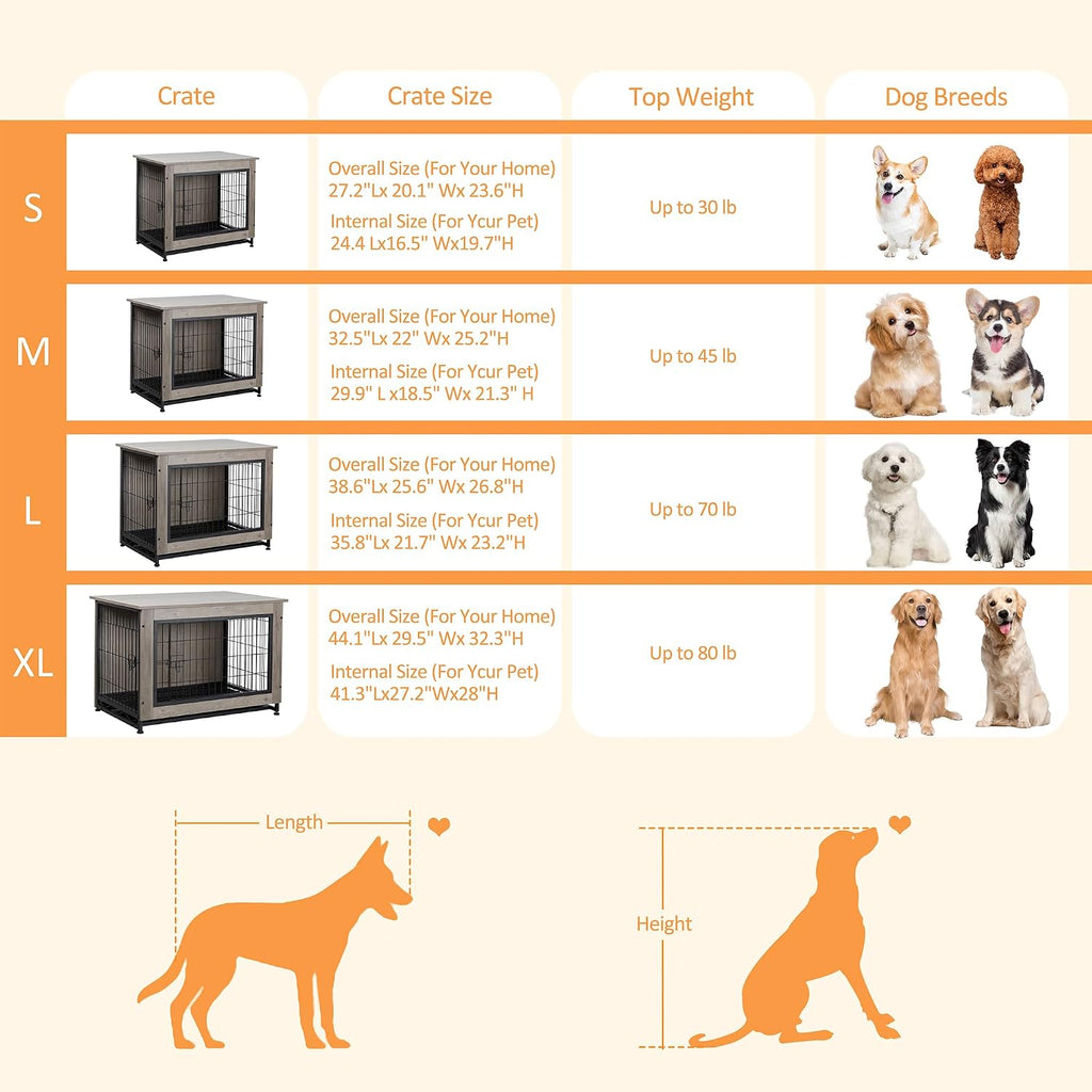 Shintenchi Wooden Dog Crate Furniture for Large Breed, L Double-Door Kennel Indoor with Removable Tray, End Table L Dog Crate for Decoration, 44.1' L, Gray