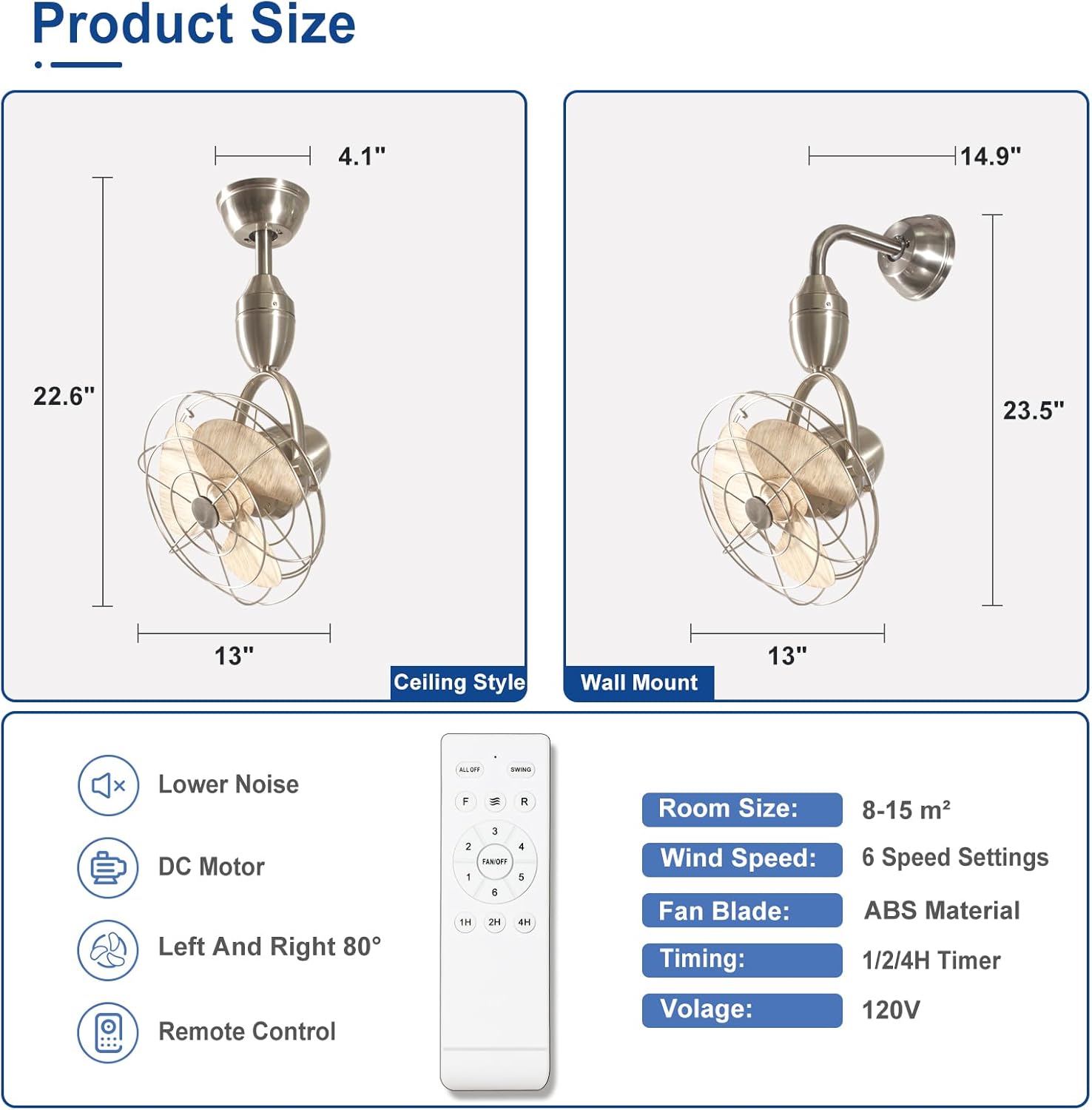 Depuley Oscillating Ceiling Fan with Remote: Nickel and Wood Wall Mount Fan Ceiling for Patio - Caged Outdoor Wall Fan for Indoor Bedroom Kitchen - 80° Oscillation 100° Adjustable