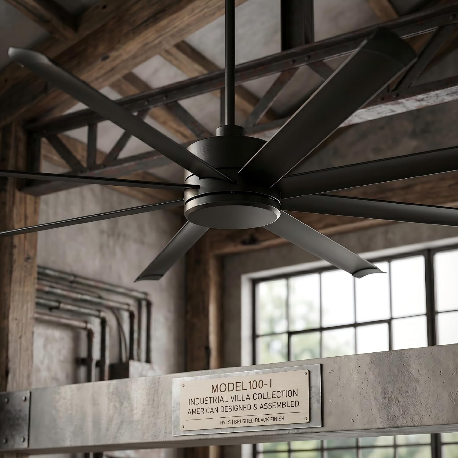100 Inch Ceiling Fan without Lights, Industrial Commercial Ceiling Fan with Remote, 6 Speeds Quiet DC Motor, Reversible Large Shop Fan for Patio Garage Barn Gym, 8 Aluminum Blades, Matte Black