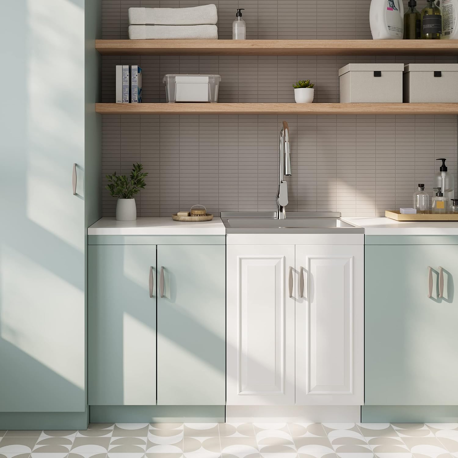 SIMPLIHOME Darwin All-in-One 24 inch Wide Utility Sink and Laundry Cabinet in Pure White Finish, Transitional Stainless Steel Sink Cabinet for Laundry Rooms with High-Arch Chrome Faucet and Storage