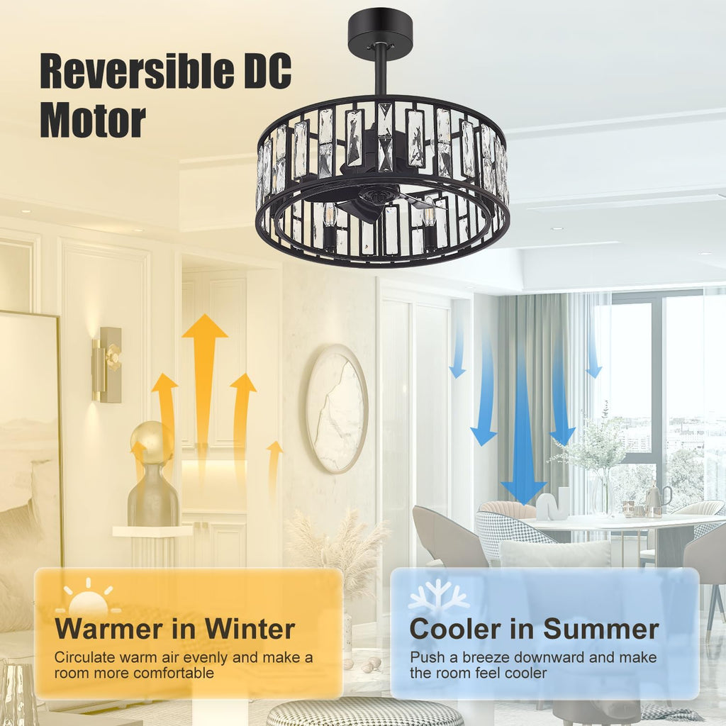 20' Small Caged Ceiling Fans with Lights and Remote, Industrial Enclosed Ceiling Fan Crystal Light with Reversible DC Motor, Bladeless Ceiling Fans for Bedroom Living Room (Black)