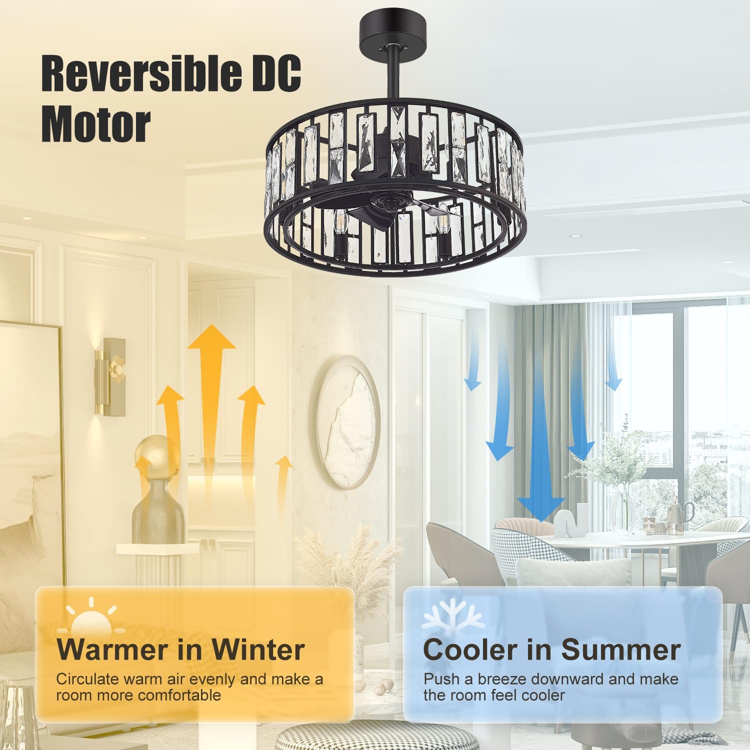 20' Small Caged Ceiling Fans with Lights and Remote, Industrial Enclosed Ceiling Fan Crystal Light with Reversible DC Motor, Bladeless Ceiling Fans for Bedroom Living Room (Black)