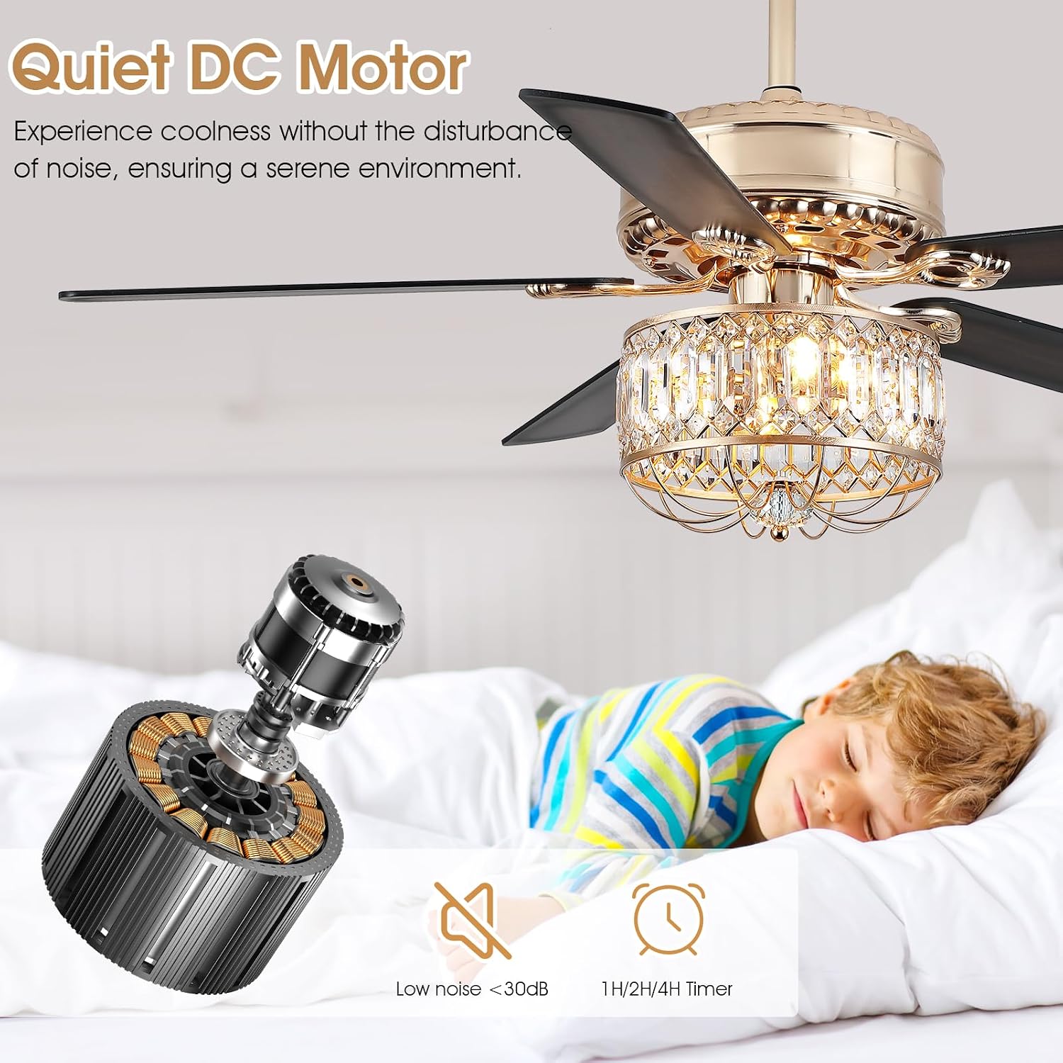 Kviflon Farmhouse Crystal Ceiling Fans with Lights and Remote, 52 Inch Chandelier Ceiling Fans, Gold Fandelier Ceiling Fan for Bedroom Living Room, Quiet DC Motor, Reversible, Bulb not Included