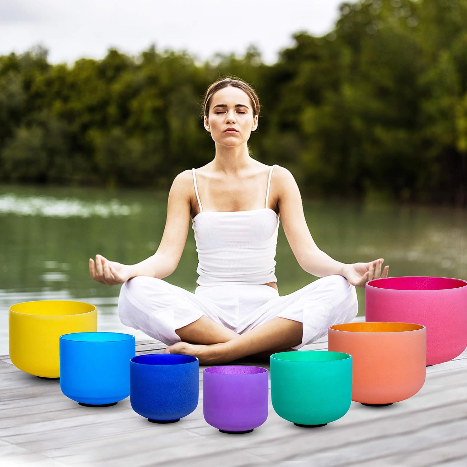 432hz Crystal Singing Bowl Healing 6-12inch Set of 7 Colored for Meditation Yoga Heart Chakra Singing Bowls Heavy Duty Carrying Case Rubber Mallet Suede Striker O ring