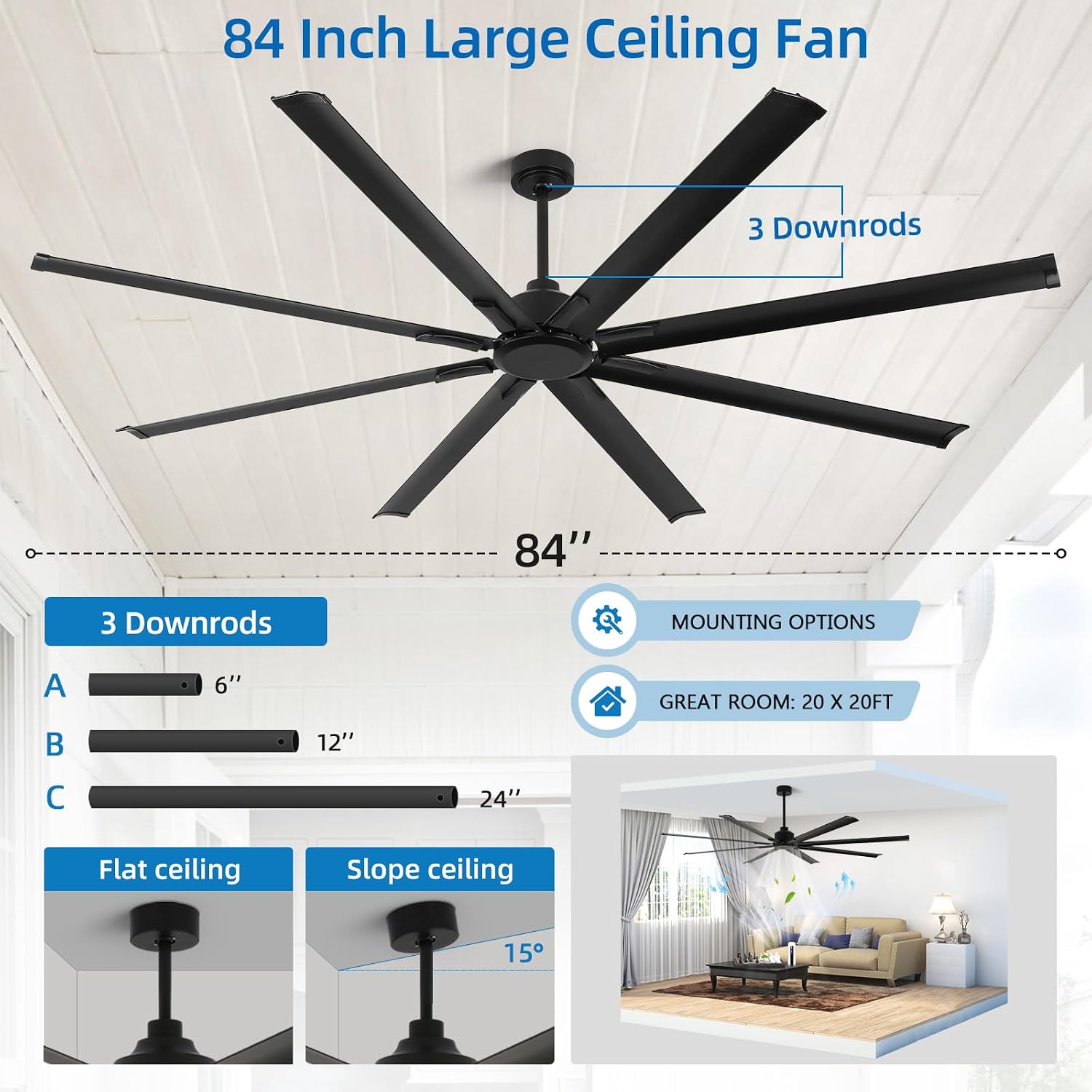 YYEHON 84 Inch Large Industrial Ceiling Fan no Lights, Reversible Dc Motor, 3 Downrods, 6 Speed Remote Control, 8 Aluminum Blades, Black Outdoor Fans for Shop/Gym/Warehouse/Garage