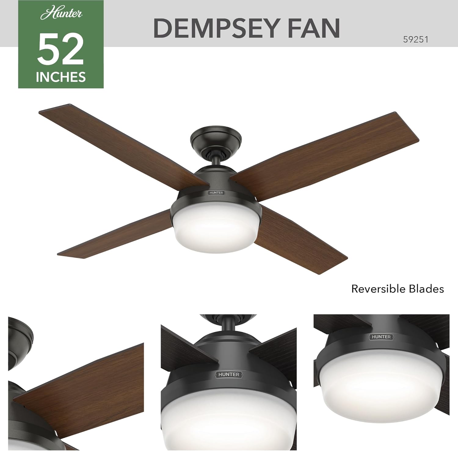 Hunter 52 inch Outdoor or Indoor Ceiling Fan with LED Light and Remote Control - Black Ceiling Fan, Standard Mount, 4 Blades, For Patio, Porch, Garage, or Living Room - Dempsey 59251, Matte Black