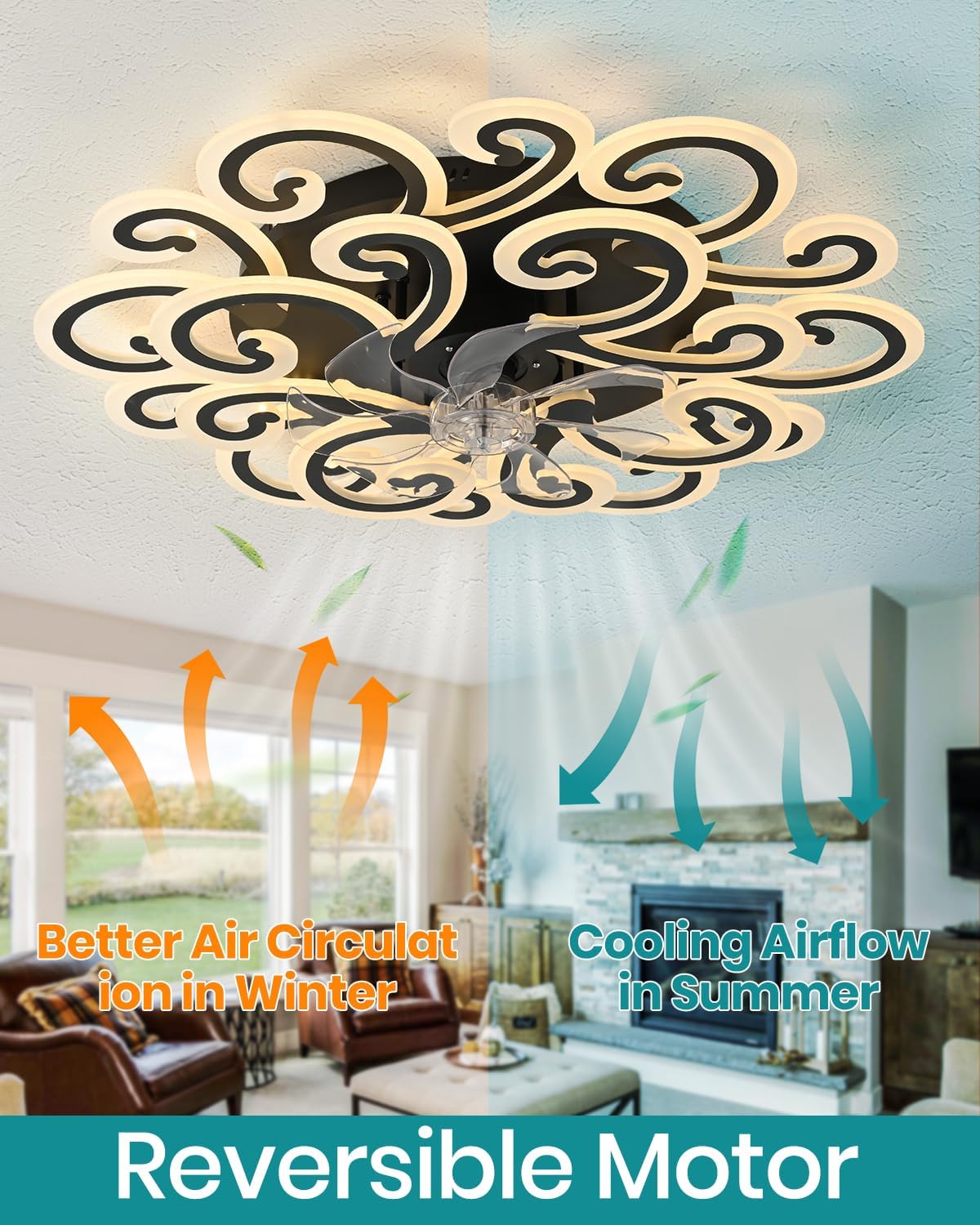 Modern LED Ceiling Light with Decorative Swirl Design, Energy-Efficient Ceiling Fan Lamp, Stylish Black and White Ceiling Light Fixture for Living Room, Bedroom, or Office