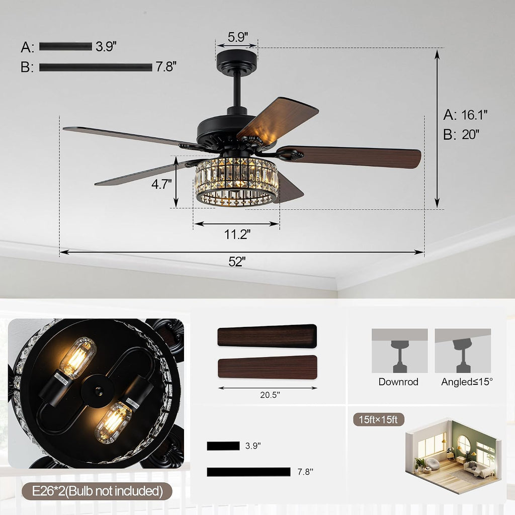 52' Black Crystal Ceiling Fan with Light, Modern Chandelier Fan with Remote, Farmhouse Vintage Fandelier Fan with Quiet DC Motor, 6 Speeds for Dining Living Room Bedroom (No Bulbs Included)