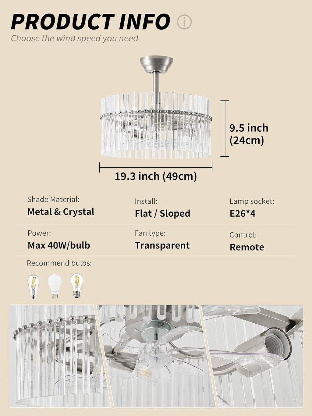 SYDACG 20' Silver and Clear Crystal Fandelier Ceiling Fan with Light, Mid-Century Chandelier Ceiling Fan with Light Remote Control, 6 Speeds for Bedroom, Nursery, Living Room