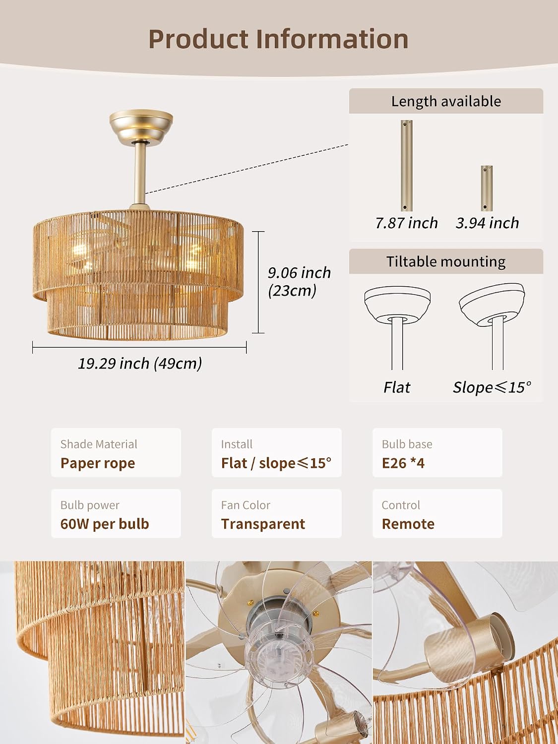 20' Boho Fandelier Ceiling Fans with Lights, Fabric Chandelier Ceiling Fan with Light Remote Control, Caged with 6 Speeds for Living Room, Bedroom, Nursery.