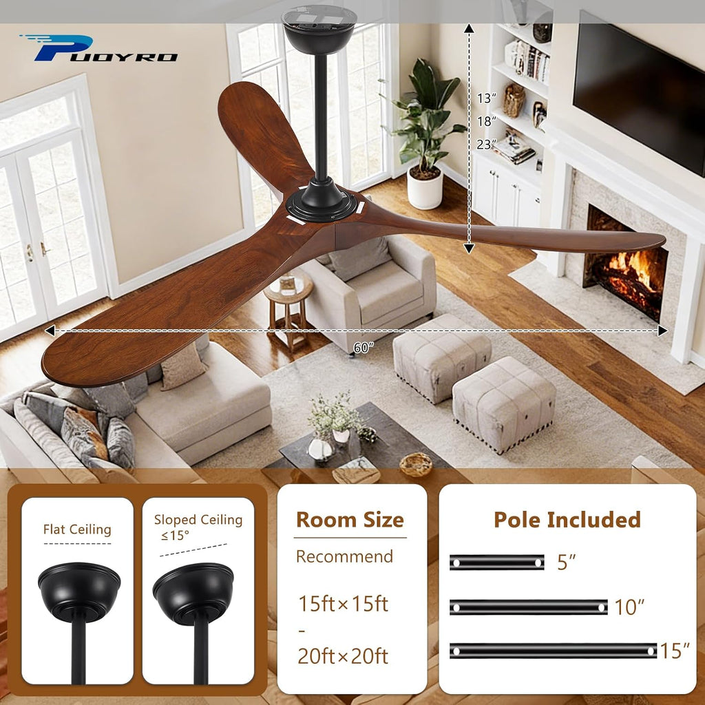 60' Ceiling Fan with Light and Remote, 6-Speed Dimmable Outdoor Ceiling Fan, High CFM Quiet 3 Blade Wood Ceiling Fan, Puoyro Modern Propeller Ceiling Fan for Outdoor Indoor Living Patio Porch (Walnut)