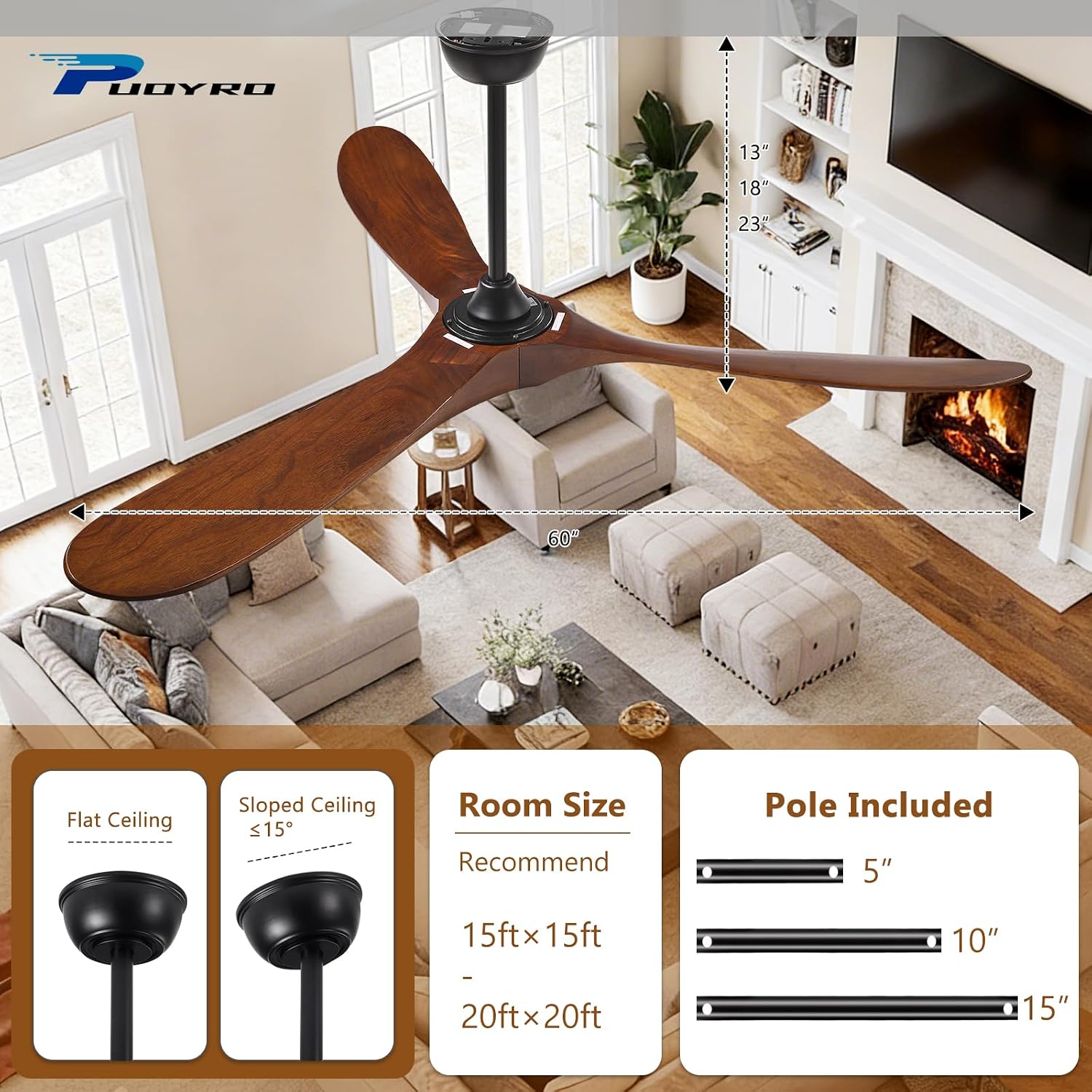 60' Ceiling Fan with Light and Remote, 6-Speed Dimmable Outdoor Ceiling Fan, High CFM Quiet 3 Blade Wood Ceiling Fan, Puoyro Modern Propeller Ceiling Fan for Outdoor Indoor Living Patio Porch (Walnut)