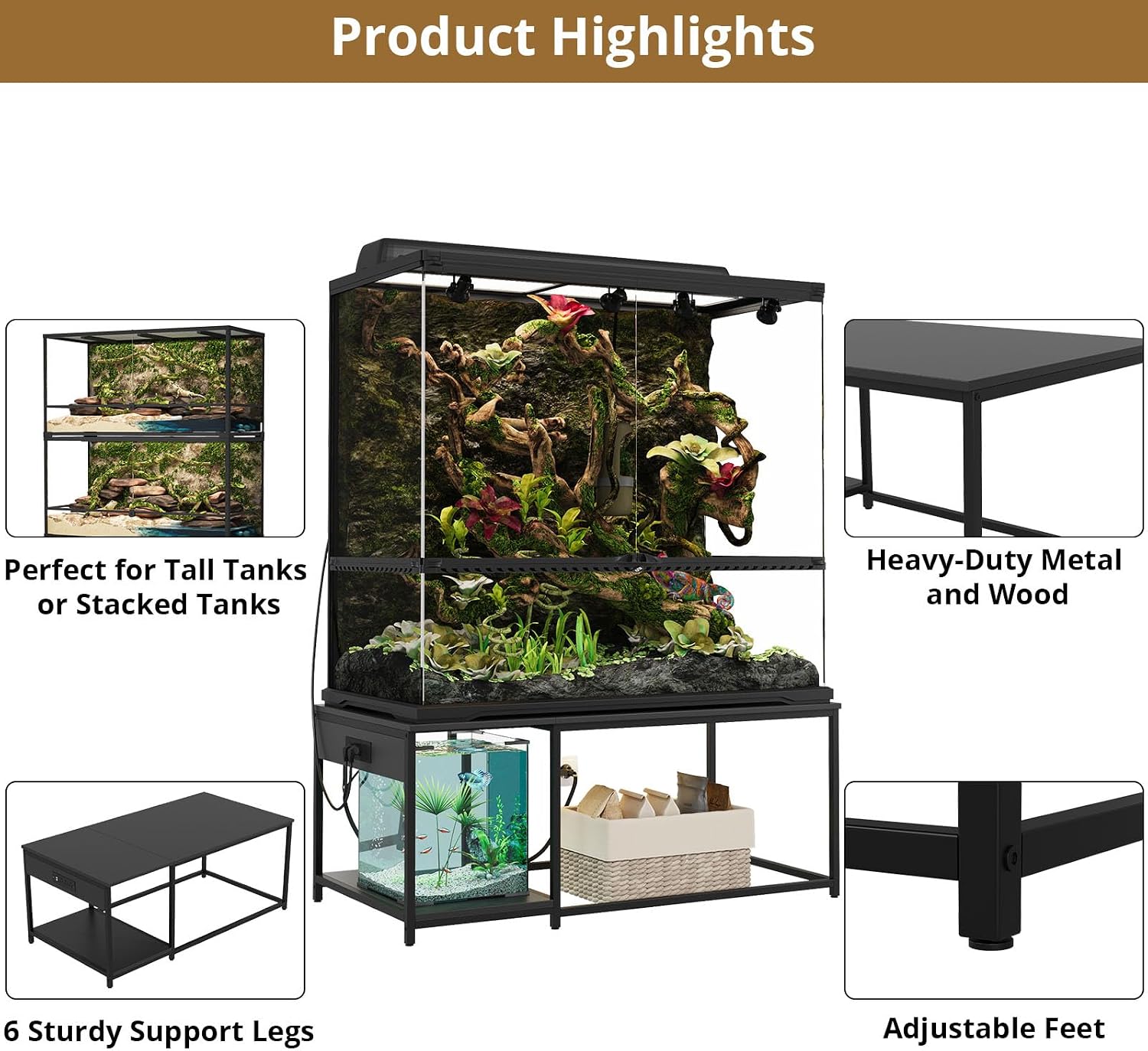 120 Gallon Reptile Tank Stand – 48'x24' Terrarium Stand for Stacked 4x2x2 PVC Tanks, Chameleon Cage, Ball Python Tank, Lizard Tank & Tall Reptile Enclosure with Power Outlets (Only Stand)