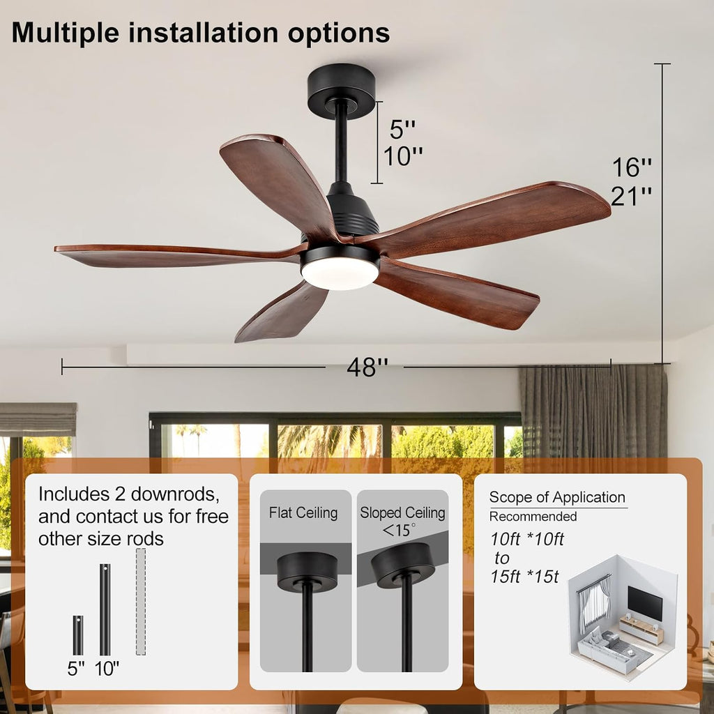 48 Inch Ceiling Fans with Lights and Remote, 5 Blades, Wood Ceiling Fan with Light, Dimmable, Wall Switch, Reversible DC Motor, Modern Indoor Outdoor Ceiling Fan for Patio Office Dining Room