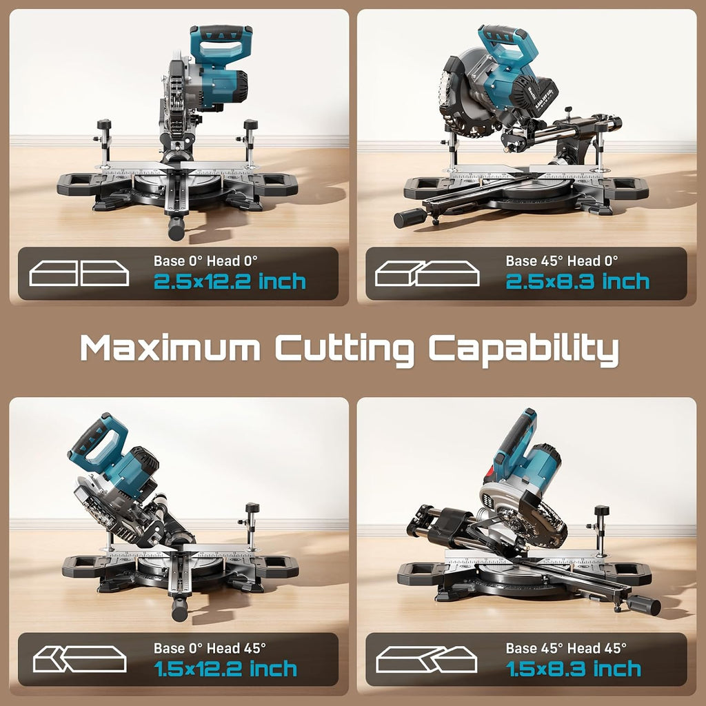 SEESII Sliding Compound Miter Saw: Cordless Power Miter Saw with Laser Guide 8-Inch, 2 * 5000 mAh Batteries, Single Bevel 45°, 24T TCT Blade, Max Cut 2.5×12-inch, Ideal for DIY & Woodworking