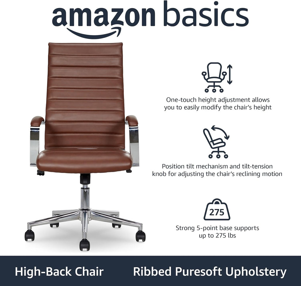Amazon Basics High-Back Swivel Office Chair with Lumbar Support, Ergonomic Ribbed Faux Leather, Adjustable Height, 24.75'D x 23.25'W x 45.25'H, Brick Red
