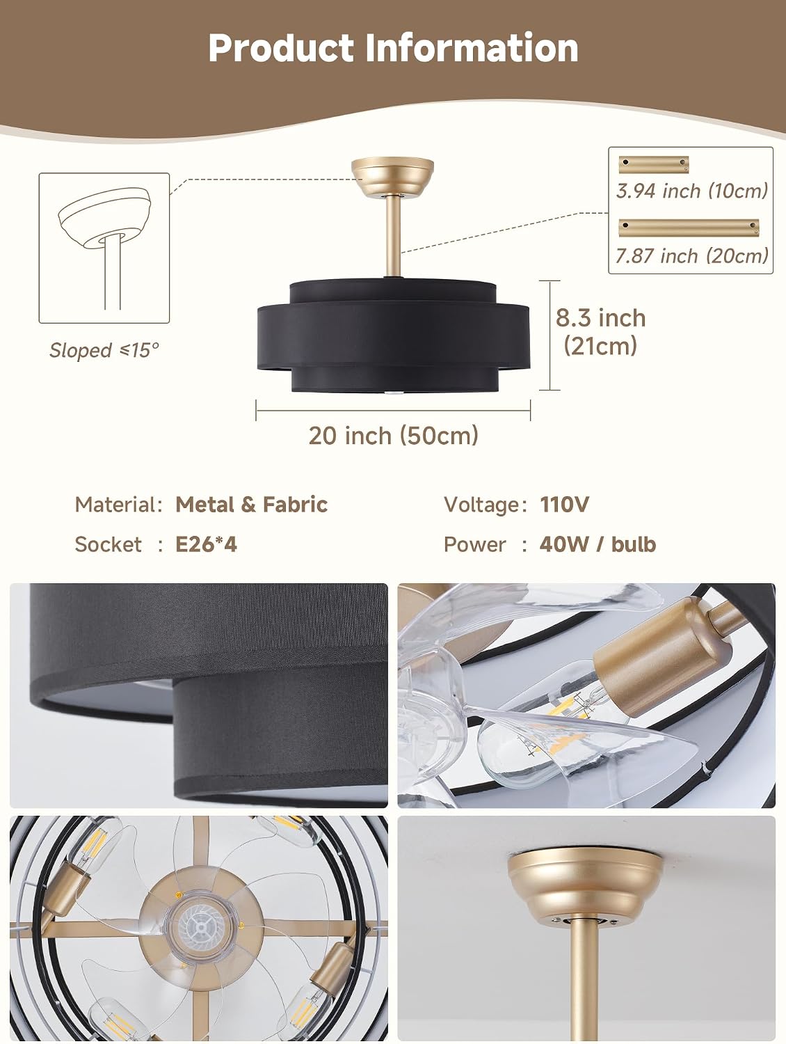 20' Boho Fandelier Ceiling Fan with Light, Caged Black Fandelier Ceiling Fans with Lights Remote Control with 6 Speeds for Bedroom, Nursery, Living Room