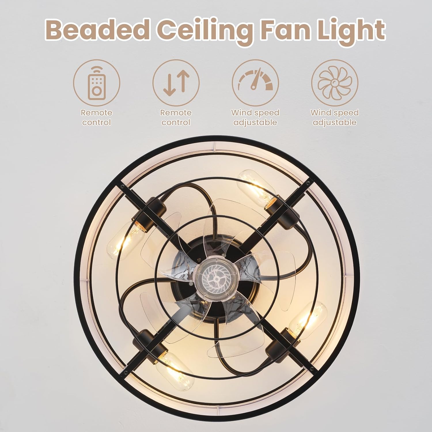20 Inch Boho Ceiling Fan with Light, Low Profile Flush Mount Caged Ceiling Fan, Bladeless Black Drum Chandelier with Remote, 6 Speed Reversible DC Motor for Bedroom Living Room, Nursery