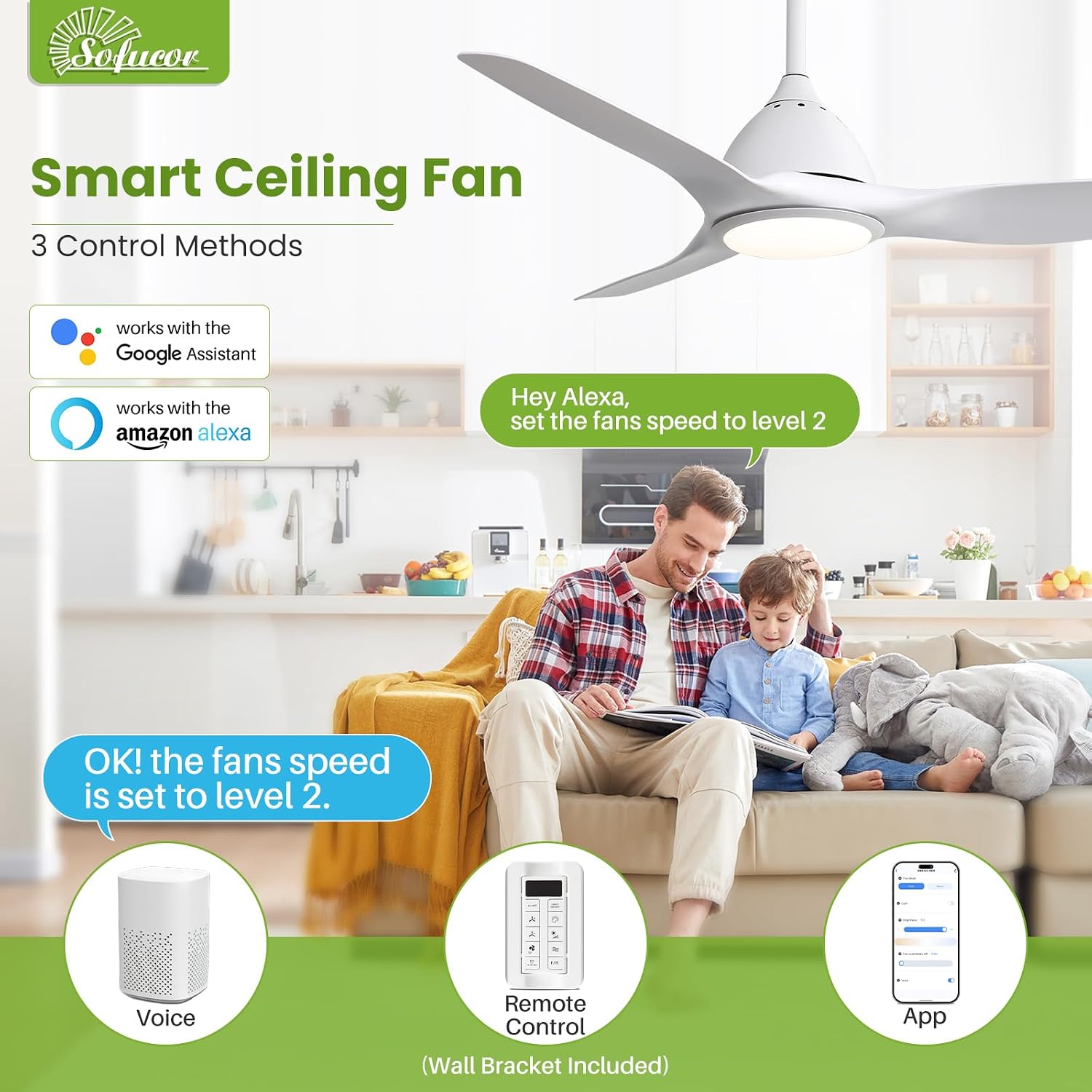 Sofucor 52 Inch Smart Ceiling Fan with Light, Modern Ceiling Fan with 3 Plastic Blade, Quiet, Dimmable, Compatible with Alexa/Google/App, 6 Speeds 7000CFM, Timer Quiet Reversible DC Motor, ETL, White