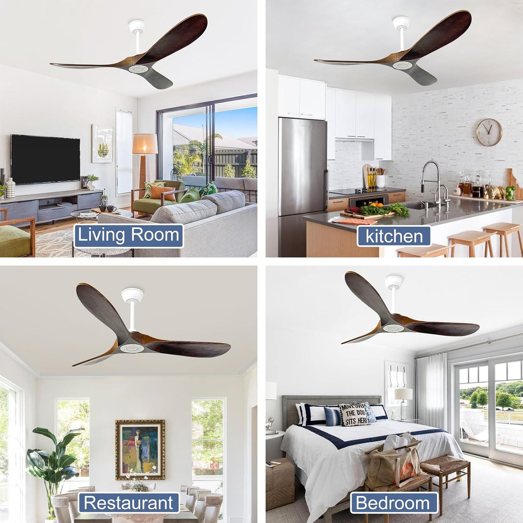 52'' Outdoor Ceiling Fan No Light,6 Speeds Adjustable with Large Airflow,Quiet Operation,Wood Propeller Ceiling Fan for Garage,Gazebo,Living Room,Bedroom(White+Dark Walnut)