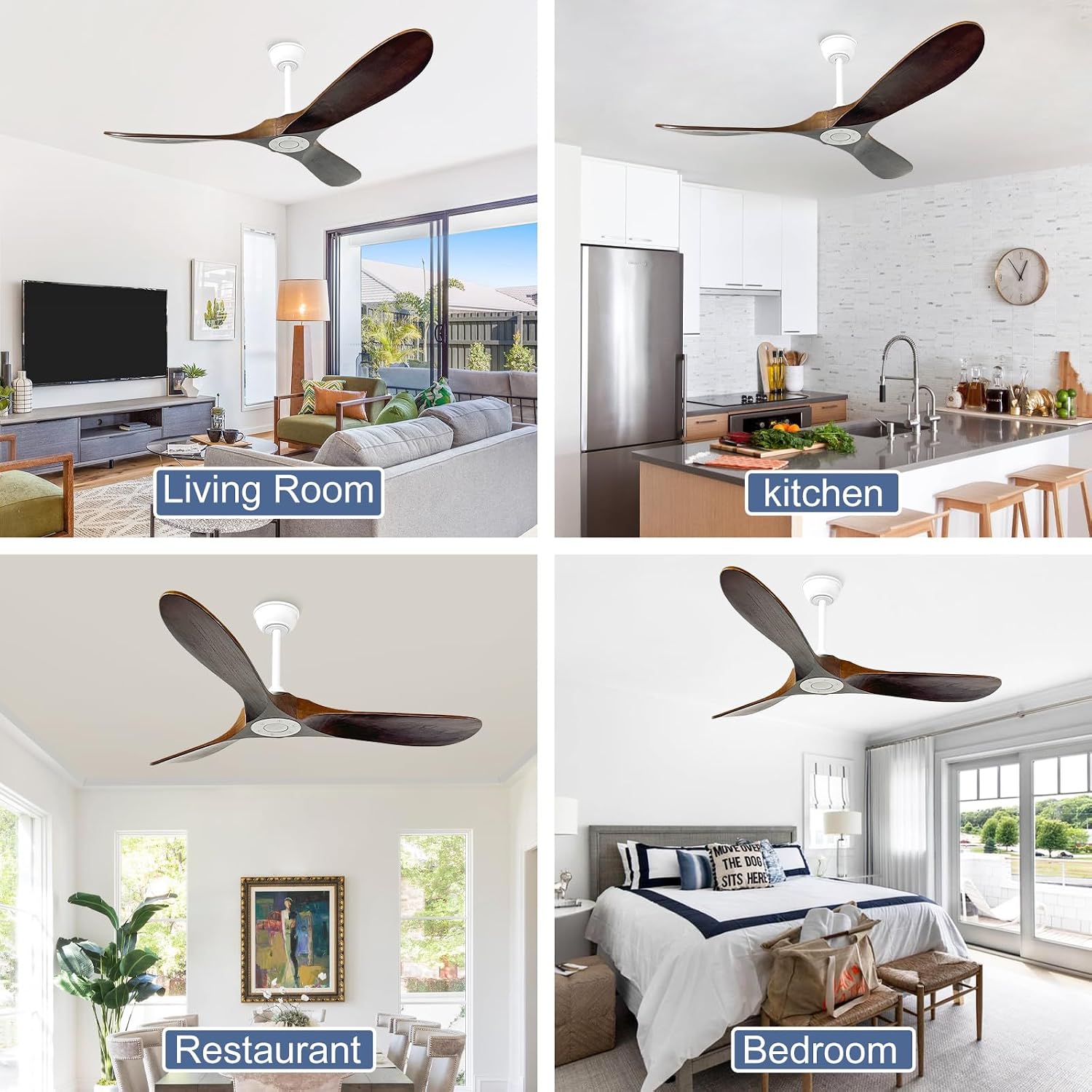 52'' Outdoor Ceiling Fan No Light,6 Speeds Adjustable with Large Airflow,Quiet Operation,Wood Propeller Ceiling Fan for Garage,Gazebo,Living Room,Bedroom(White+Dark Walnut)