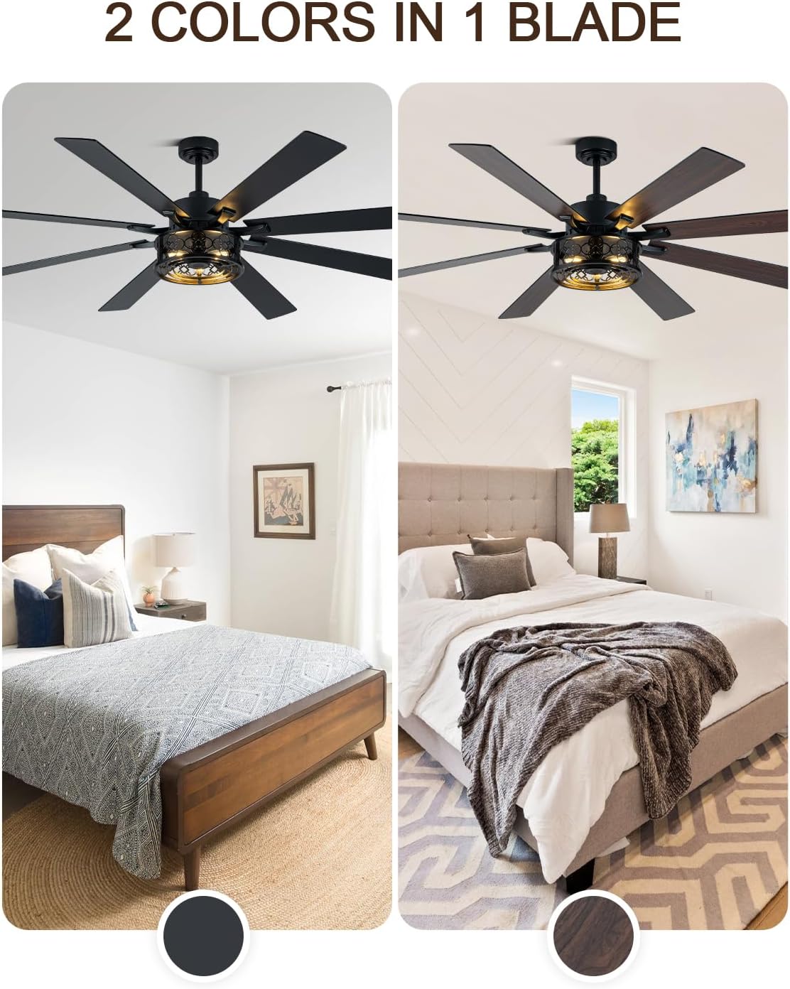 72 Inch Farmhouse Ceiling Fan with Lights and Remote Large Rustic Ceiling Fan Black Caged Fandelier Industrial Chandelier Light, Reversible Quiet DC Motor 6 Speed for Indoor Outdoor