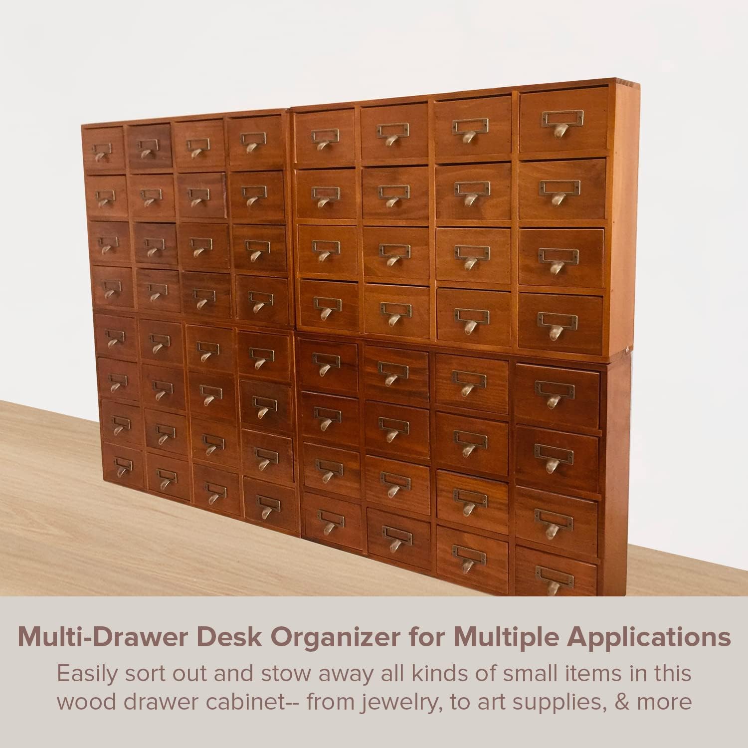 Huge Modular Stackable Against Wall 64-Drawer Apothecary Curio Cabinet Vintage Wood - Card Catalog Library Desk Storage Box Drawer w/ Label Holders Handles - Multi Level Countertop and Craft Organizer